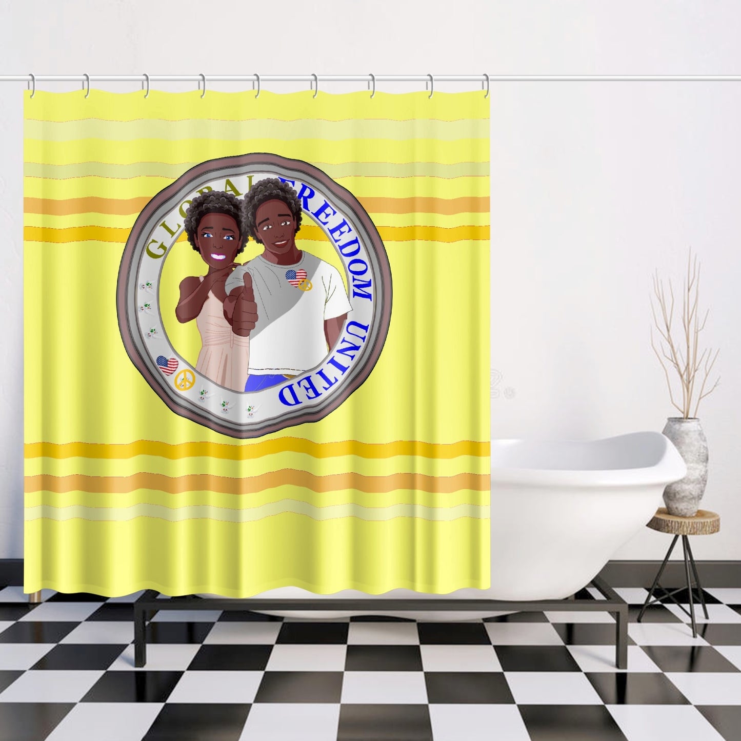 Quick-drying Shower Curtain GLOBAL FREEDOM UNITED© Couple USA Afro American Yellow