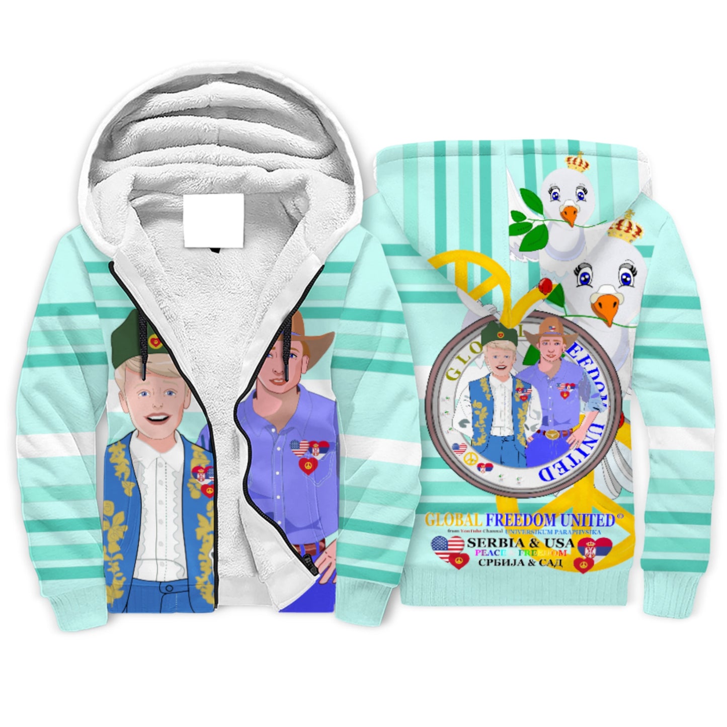 Plush Hoodie GLOBAL FREEDOM UNITED© Men Serbia & USA Light Green