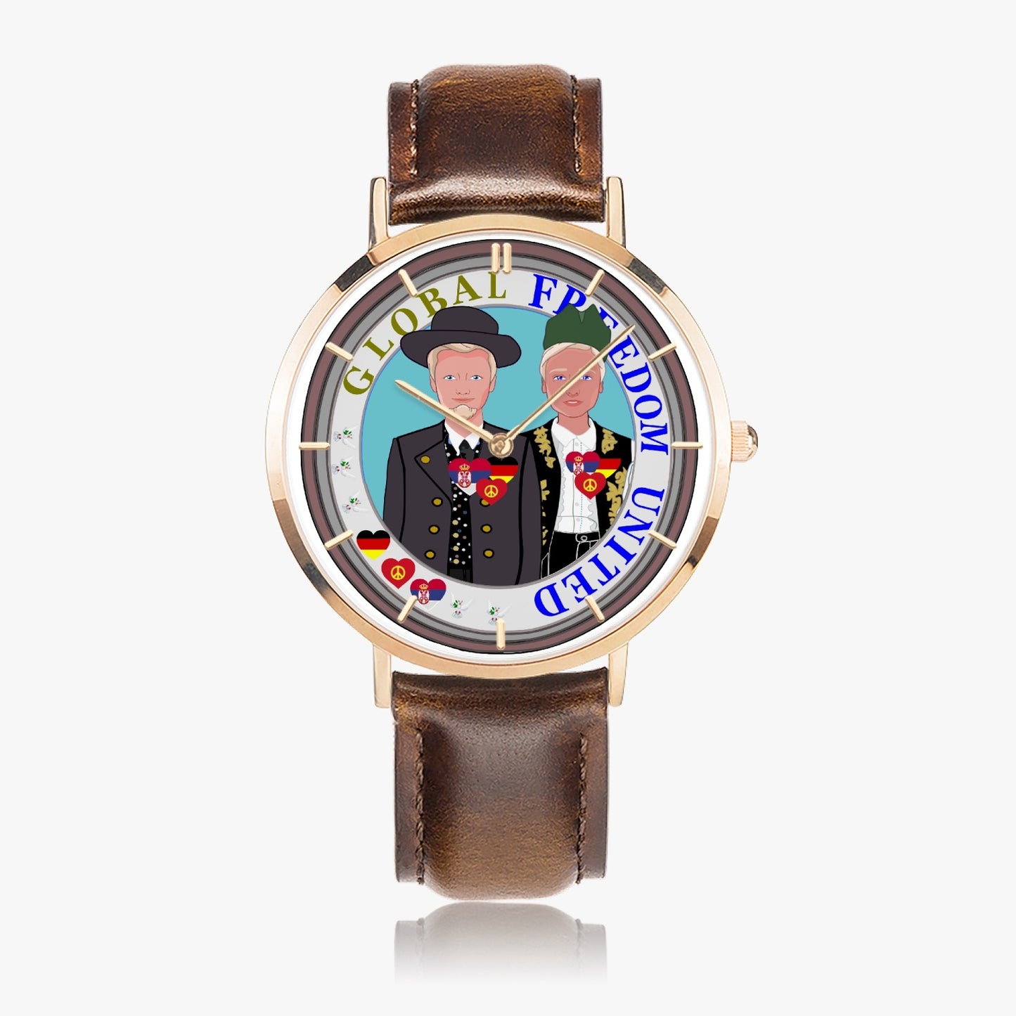 GLOBAL FREEDOM UNITED© Men Serbia & Germany V1Hot Selling Ultra-Thin Leather Strap Quartz Watch (Rose Gold With Indicators)