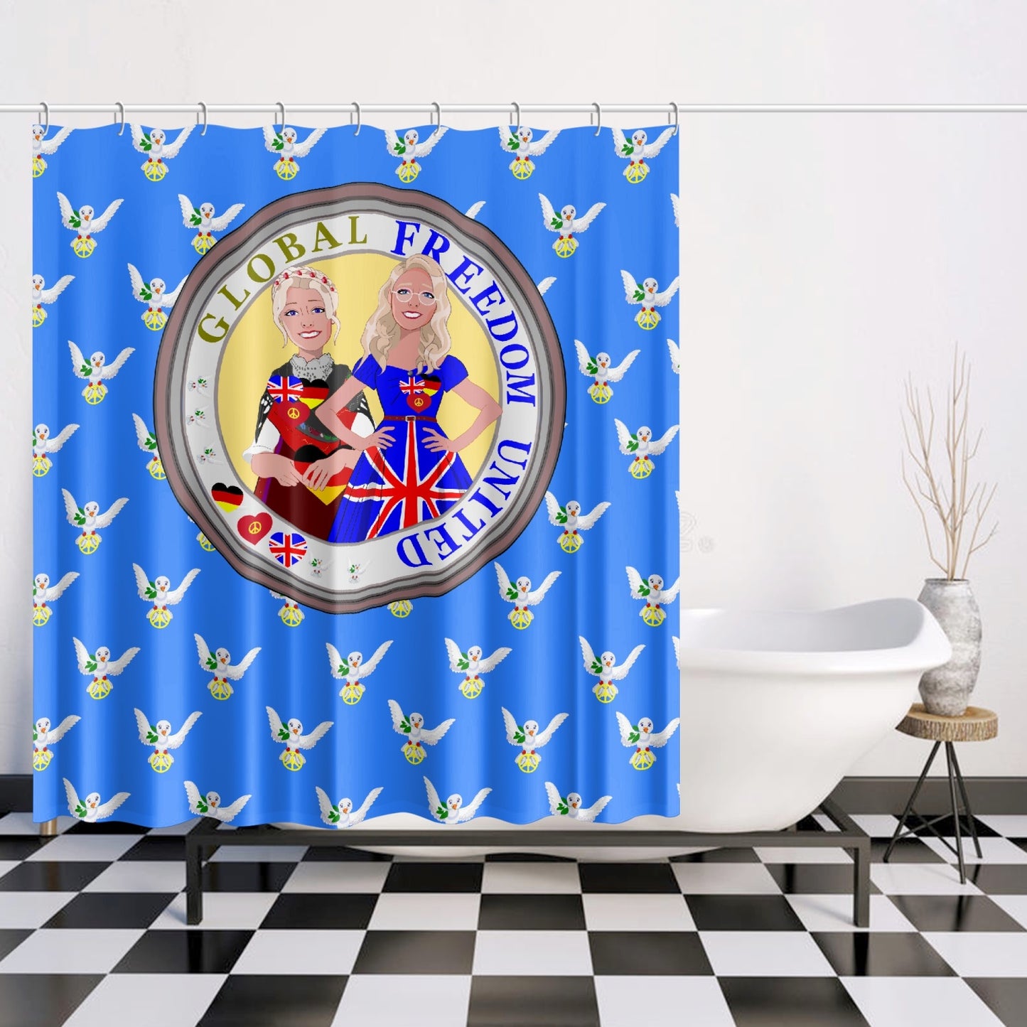 GLOBAL FREEDOM UNITED WOMEN ENGLAND & GERMANY OLD PEACE BLUE Quick-drying Shower Curtain