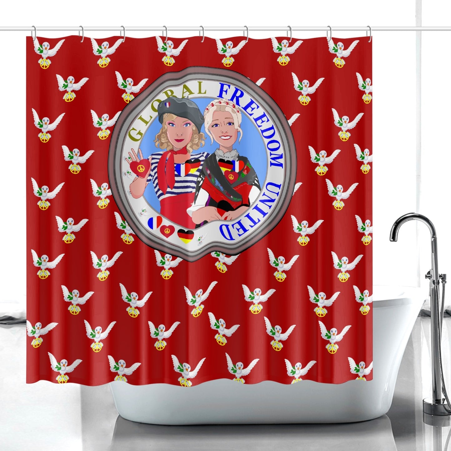 GLOBAL FREEDOM UNITED WOMEN FRENCH & GERMANY OLD PEACE RED Quick-drying Shower Curtain