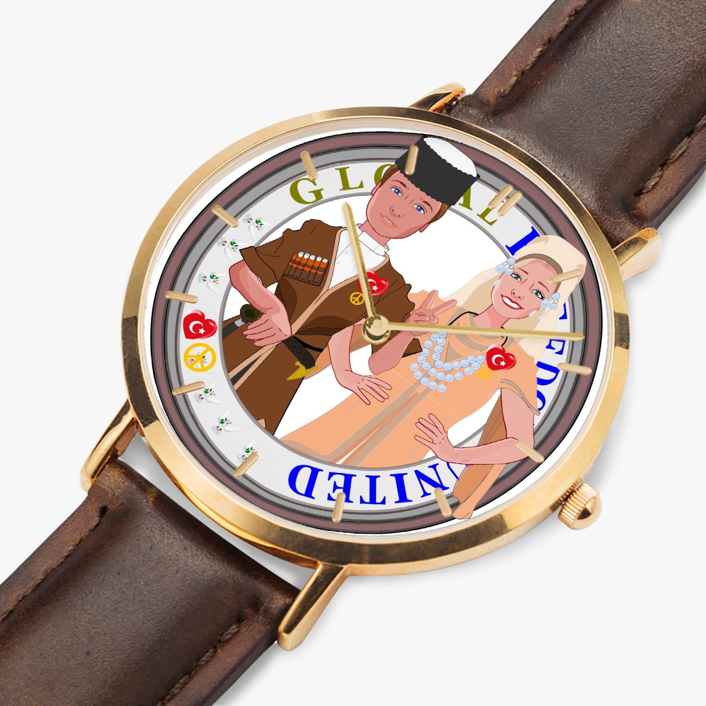 GLOBAL FREEDOM UNITED© Couple Turkey Hot Selling Ultra-Thin Leather Strap Quartz Watch (Rose Gold With Indicators)