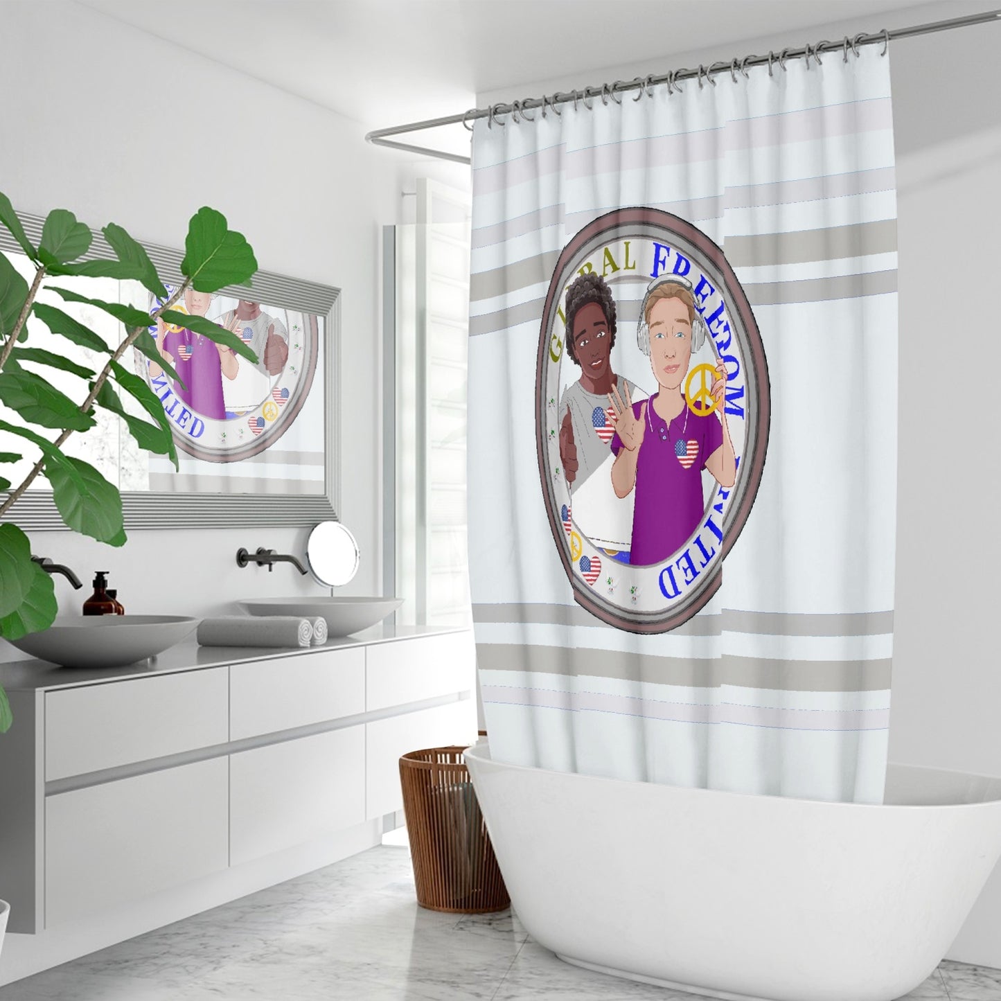 Quick-drying Shower Curtain GLOBAL FREEDOM UNITED© Men Anti Fascism & Racism USA Wight
