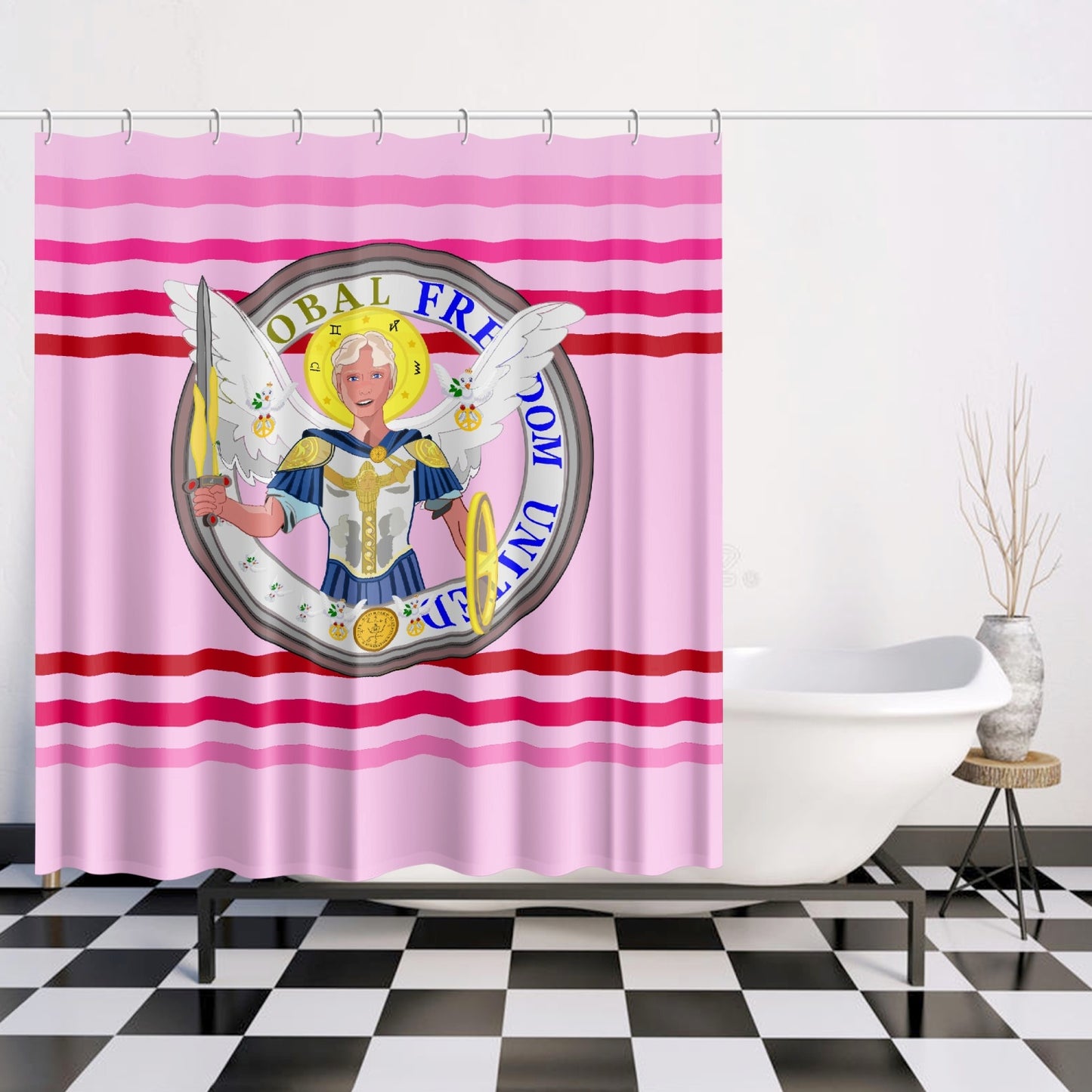 Quick-drying Shower Curtain GLOBAL FREEDOM UNITED© Archangel Michael Version 1 Pink1