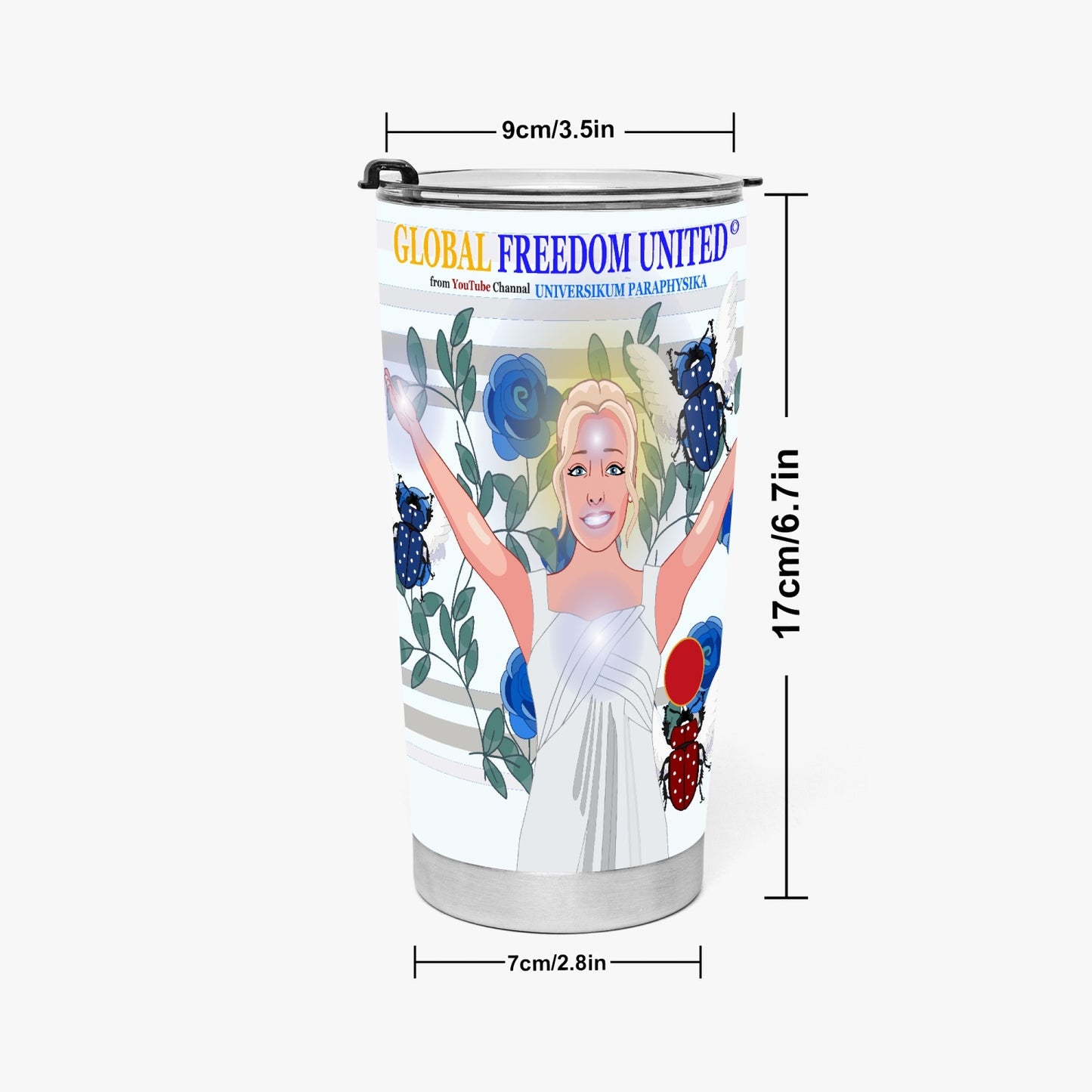 Tumbler GLOBAL FREEDOM UNITED© UNIVERSIKUM PARAPHYSIKA SPIRITUEL Blue ROSES with Skarabeus Beetle