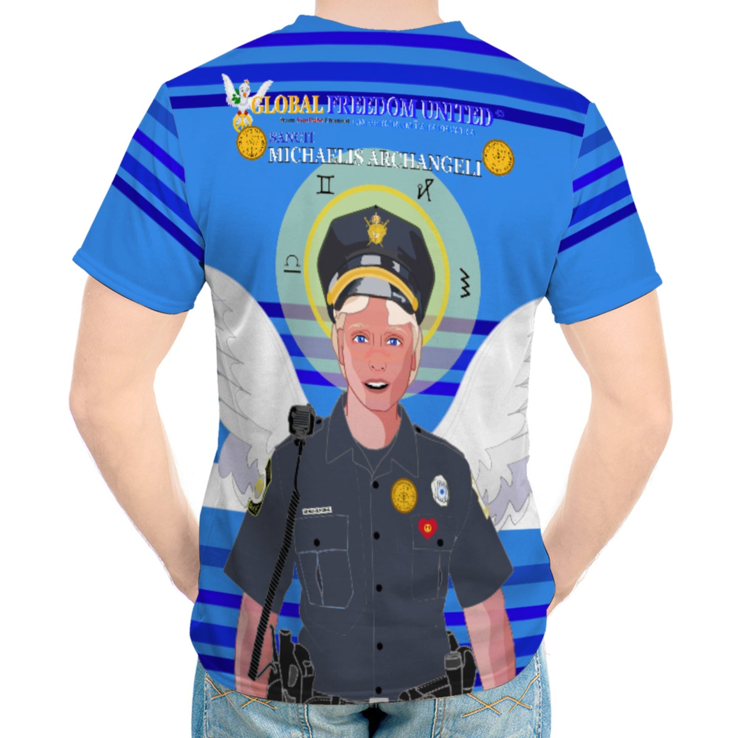 Men´s T-shirt  GLOBAL FREEDOM UNITED© Archangel Michael In Latin V4 Deep Blue