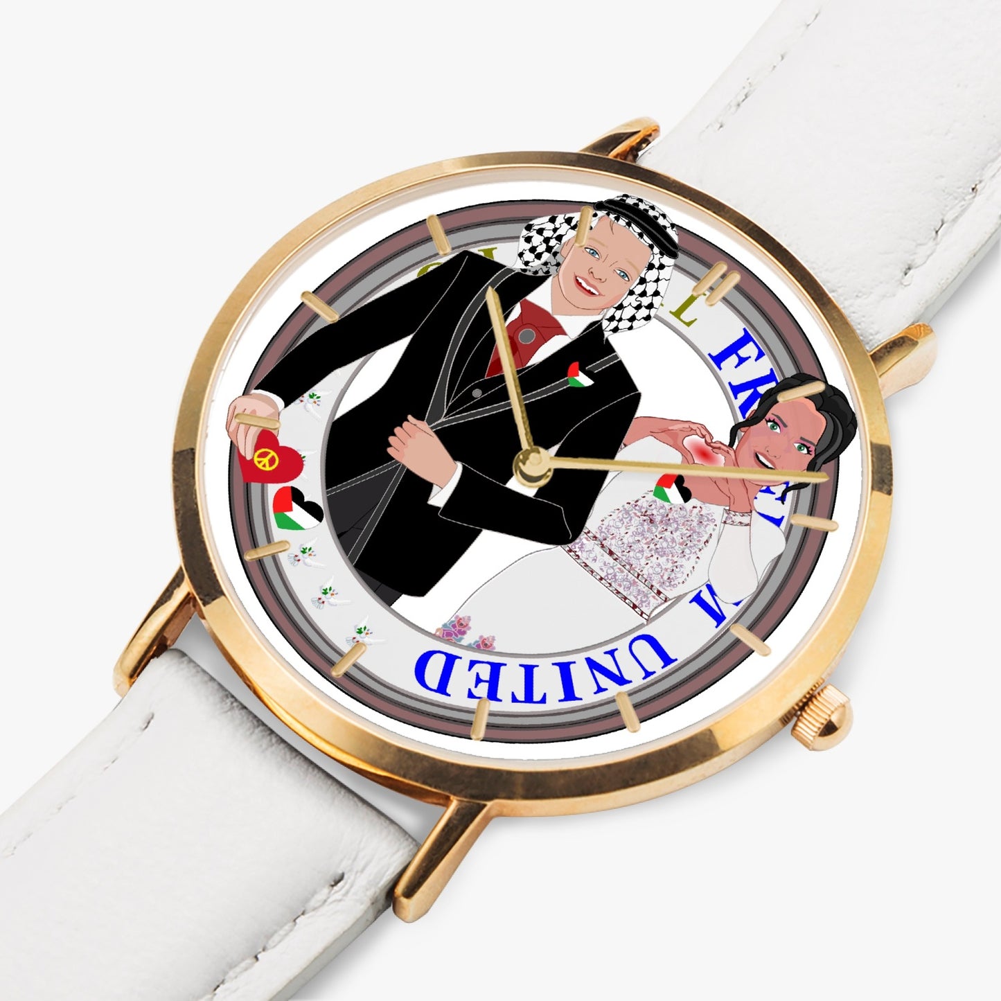 GLOBAL FREEDOM UNITED© Couple Palestina Hot Selling Ultra-Thin Leather Strap Quartz Watch (Rose Gold With Indicators)
