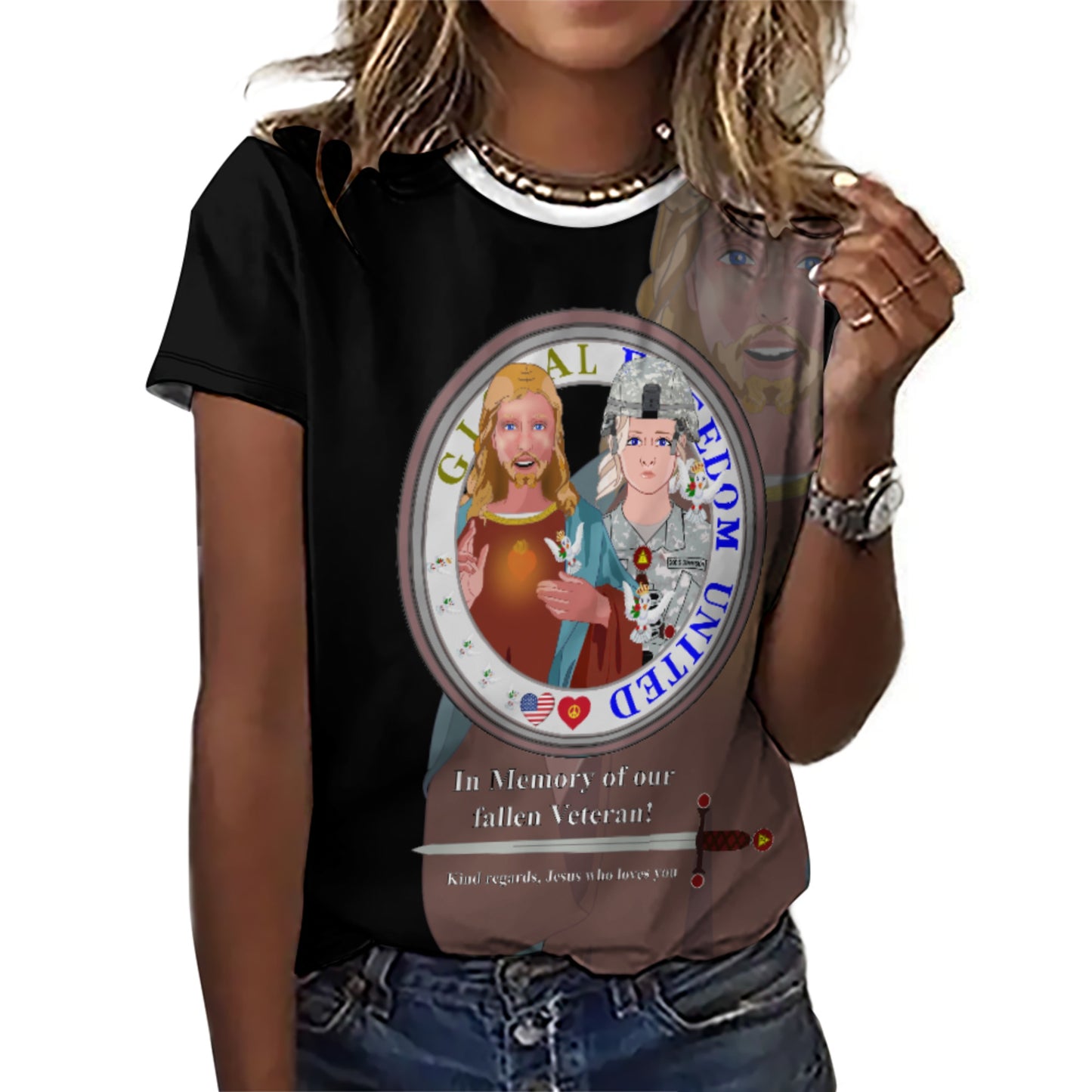Women´s T-Shirt Black GLOBAL FREEDOM UNITED© Jesus Christ For Fallen Veteran US Afro American Soldiers V1