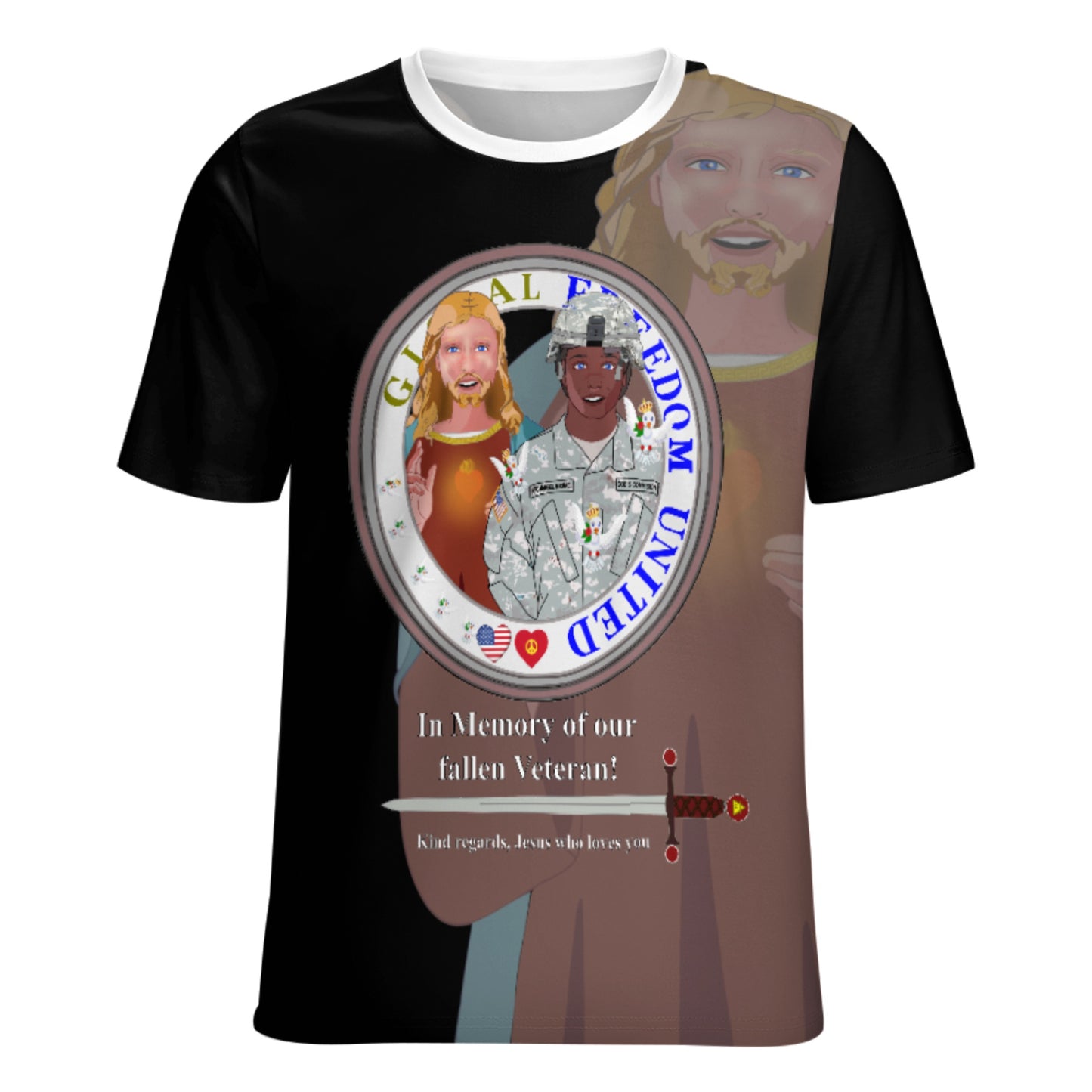 Women´s T-Shirt Black GLOBAL FREEDOM UNITED© Jesus Christ For Fallen Veteran Afro American Soldiers V3