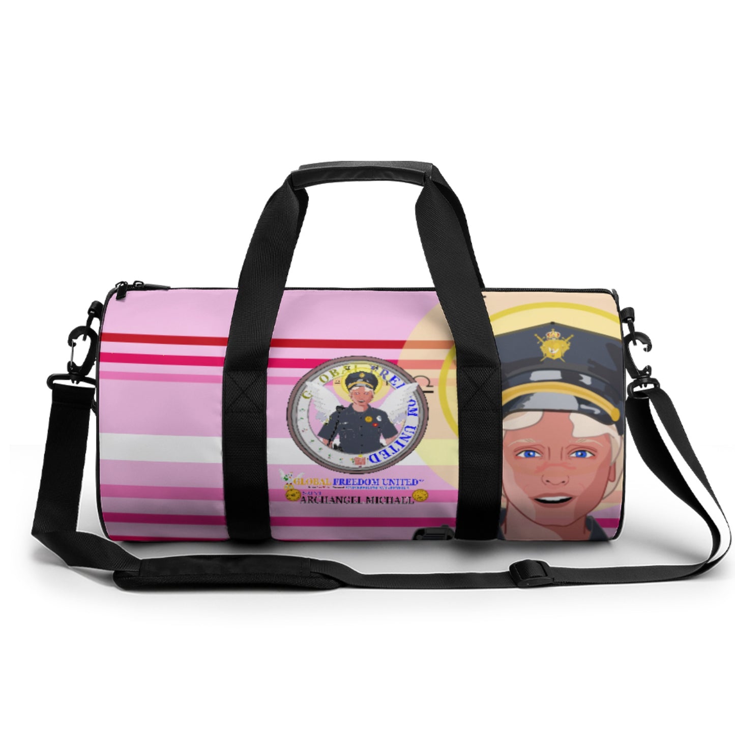 Cylindrical Gym Bag GLOBAL FREEDOM UNITED© Archangel Michael As Policemen Pink1