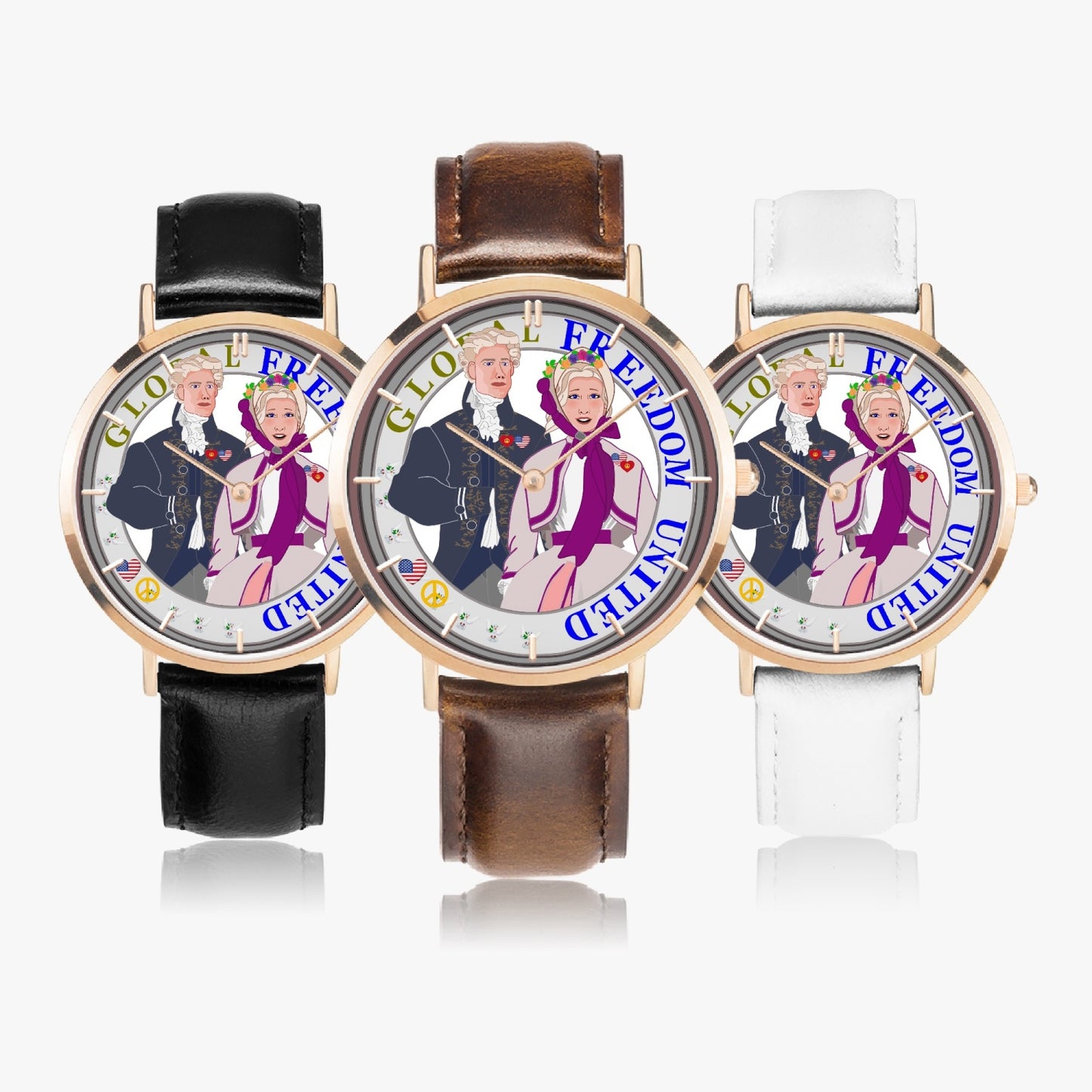 GLOBAL FREEDOM UNITED© Couple USA Georg Washington - Hot Selling Ultra-Thin Leather Strap Quartz Watch (Rose Gold With Indicators)