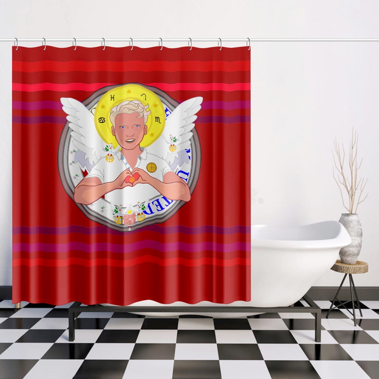 Quick-drying Shower Curtain GLOBAL FREEDOM UNITED© Archangel Rafael Red