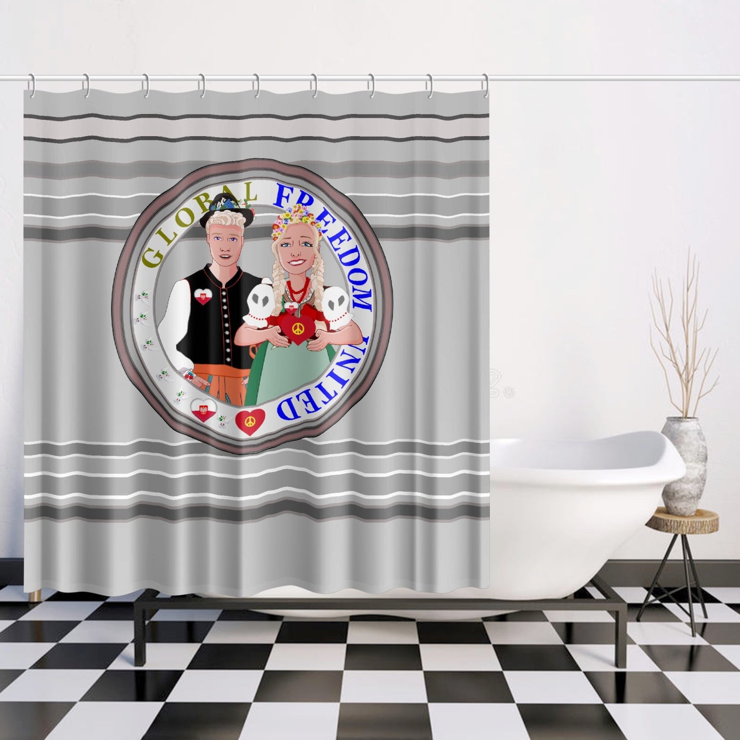 GLOBAL FREEDOM UNITED© Couple Poland Grey - Quick-drying Shower Curtain