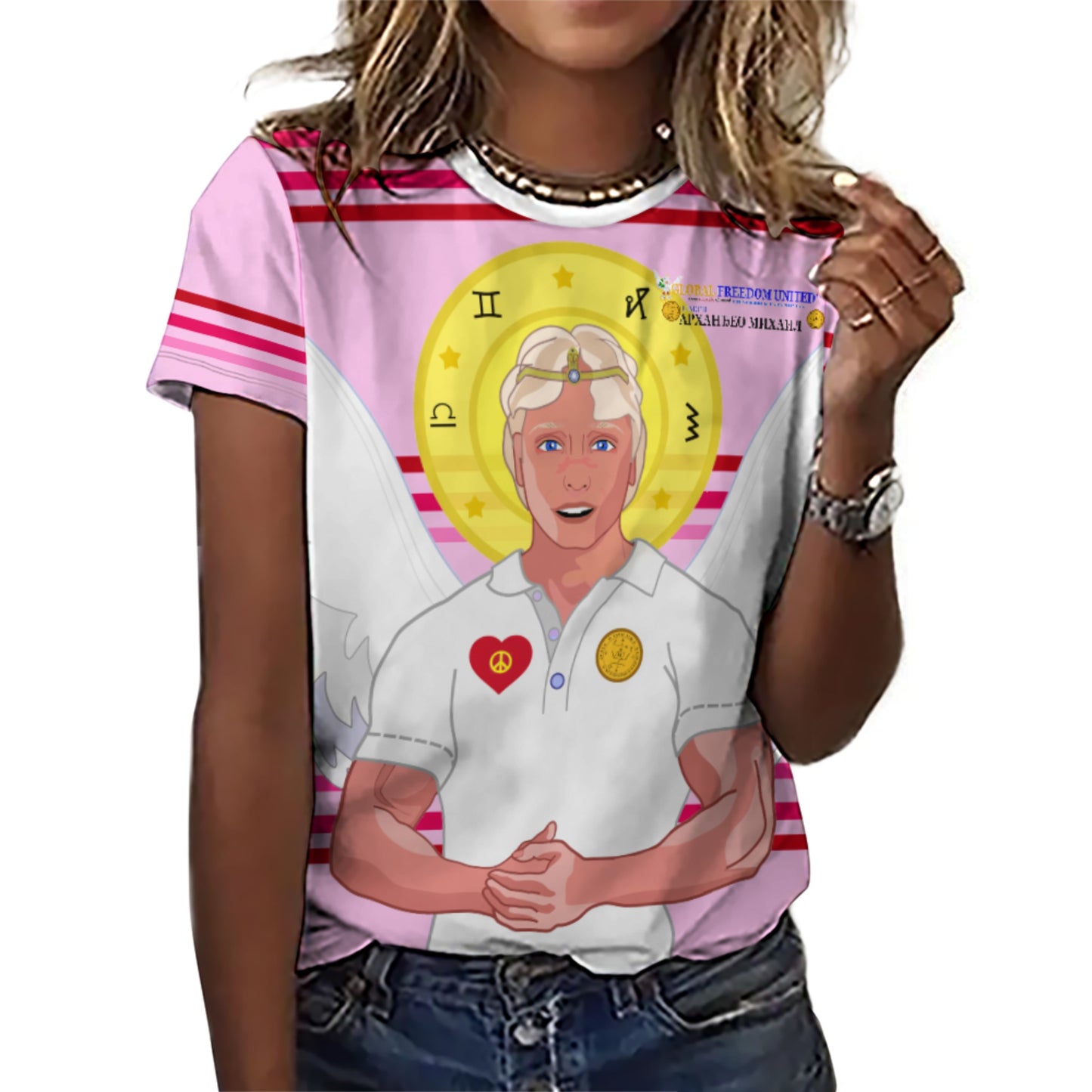Women´s T-shirt  GLOBAL FREEDOM UNITED© Archangel Michael Serbia V2 Pink1