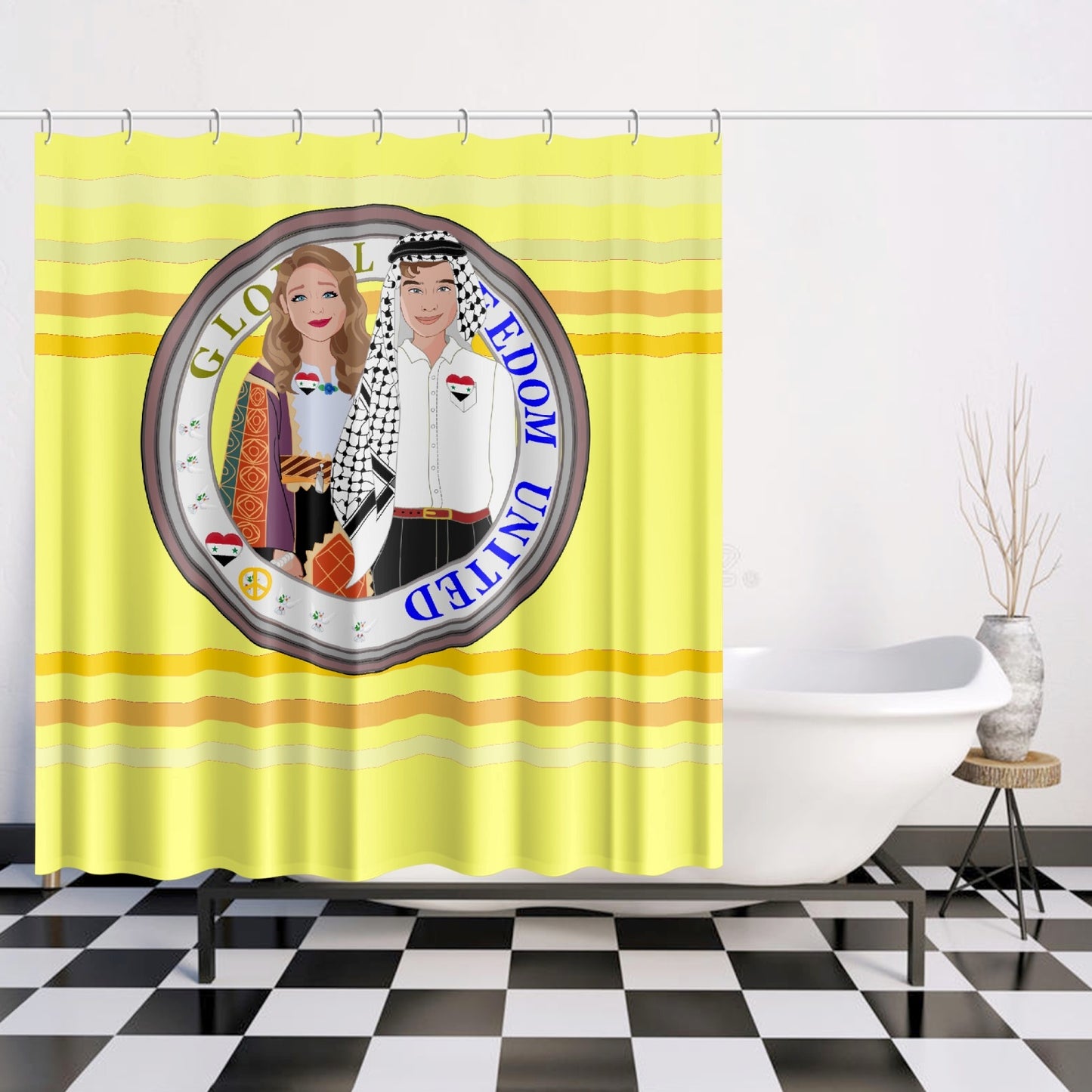 GLOBAL FREEDOM UNITED© Couple Syria Yellow - Quick-drying Shower Curtain