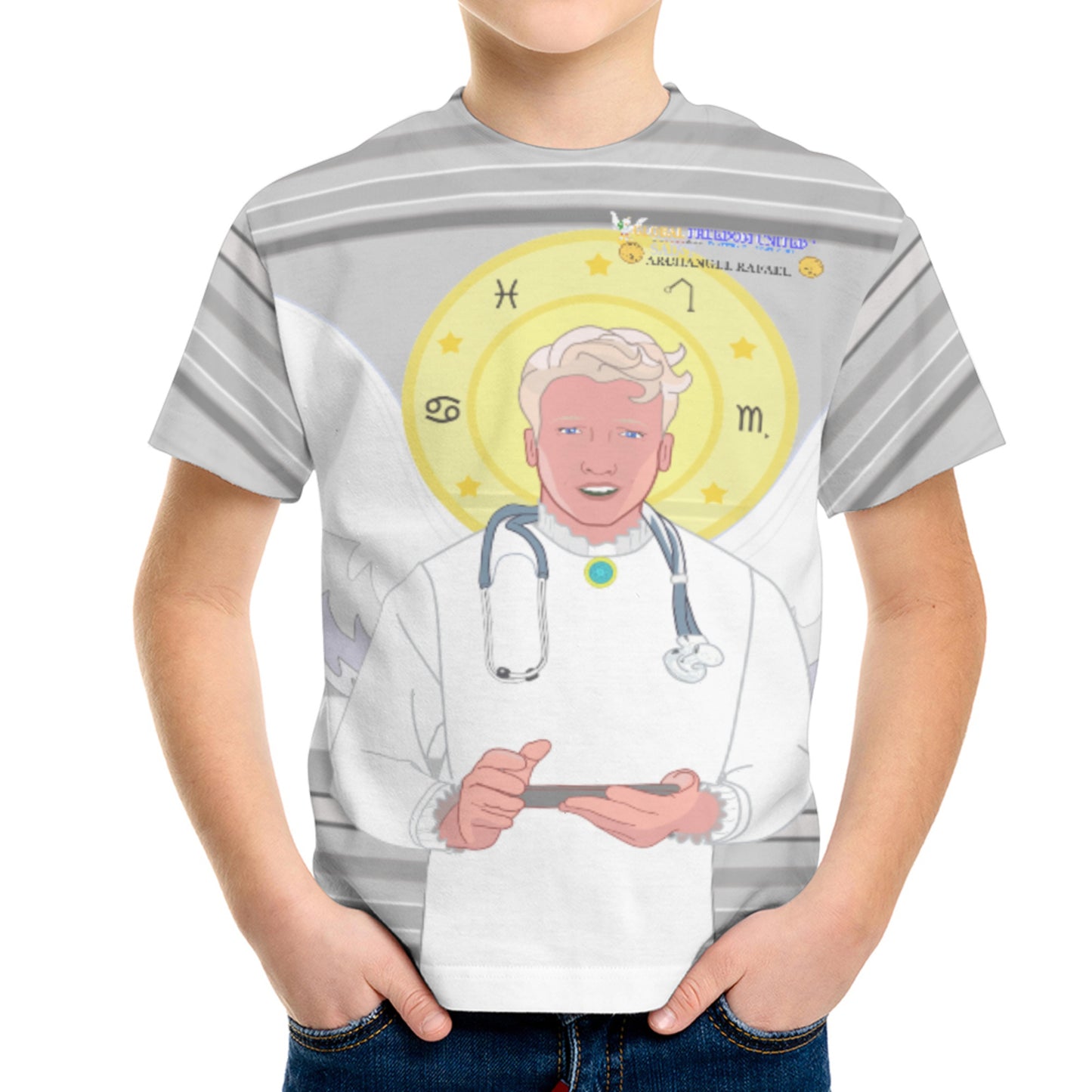 Kid´s T-shirt GLOBAL FREEDOM UNITED© Archangel Rafael English Grey