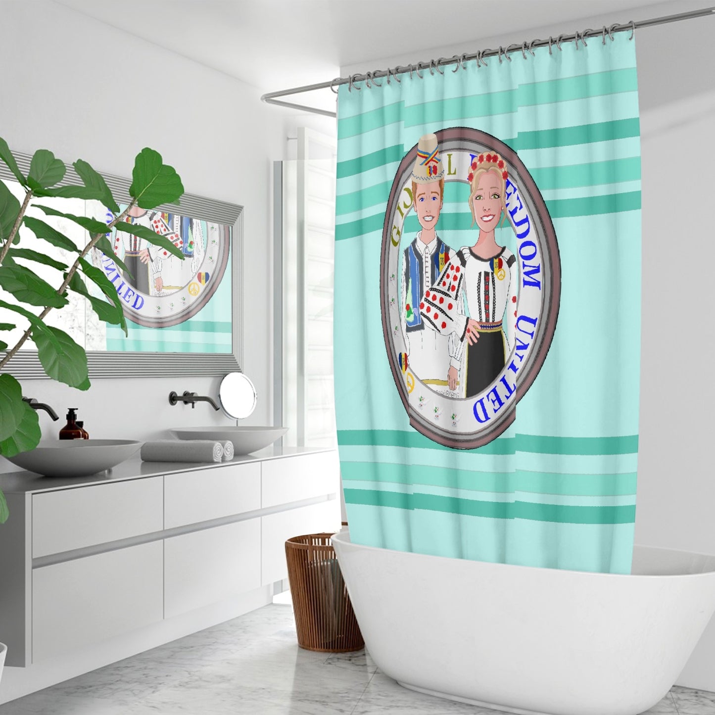 GLOBAL FREEDOM UNITED© Couple Romania Light Green - Quick-drying Shower Curtain
