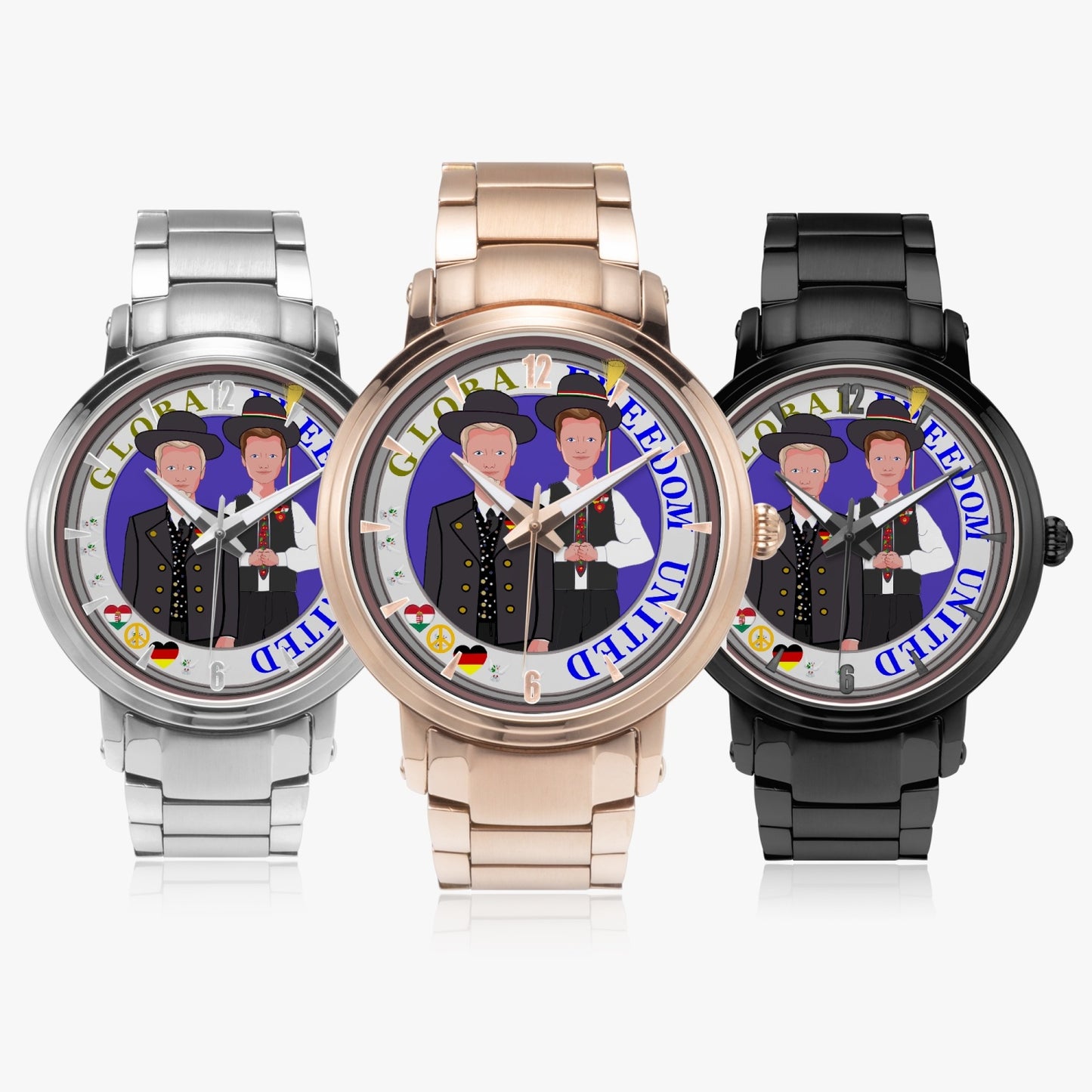 New Steel Strap Automatic Watch (With Indicators) GLOBAL FREEDOM UNITED MEN GERMANY & HUNGARY