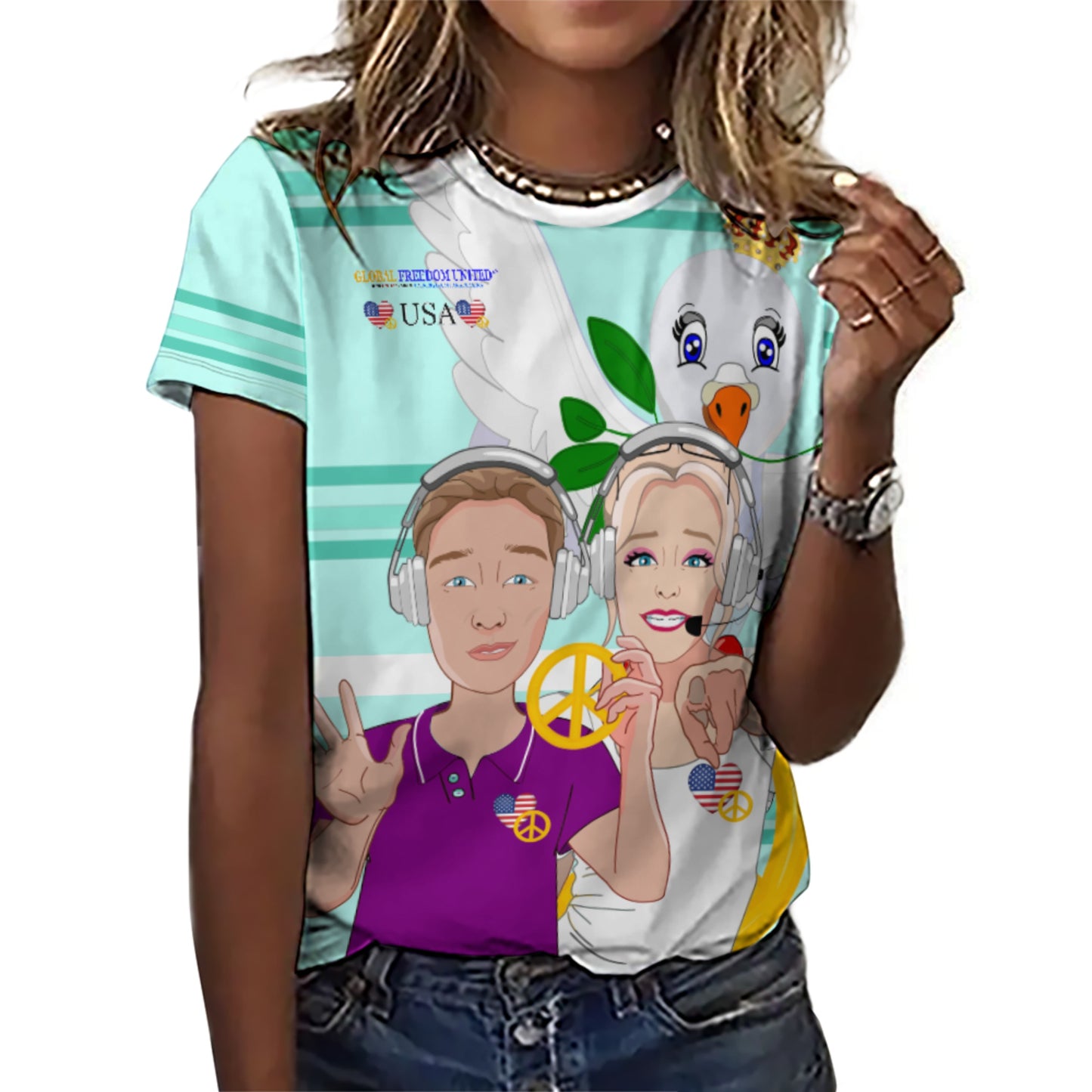 Women´s T-shirt 2 GLOBAL FREEDOM UNITED© Couple USA Wight American Light Green