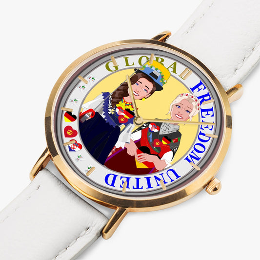 GLOBAL FREEDOM UNITED© Hot Selling Ultra-Thin Leather Strap Quartz Watch (Rose Gold With Indicators) Women Croatia & Germany V1