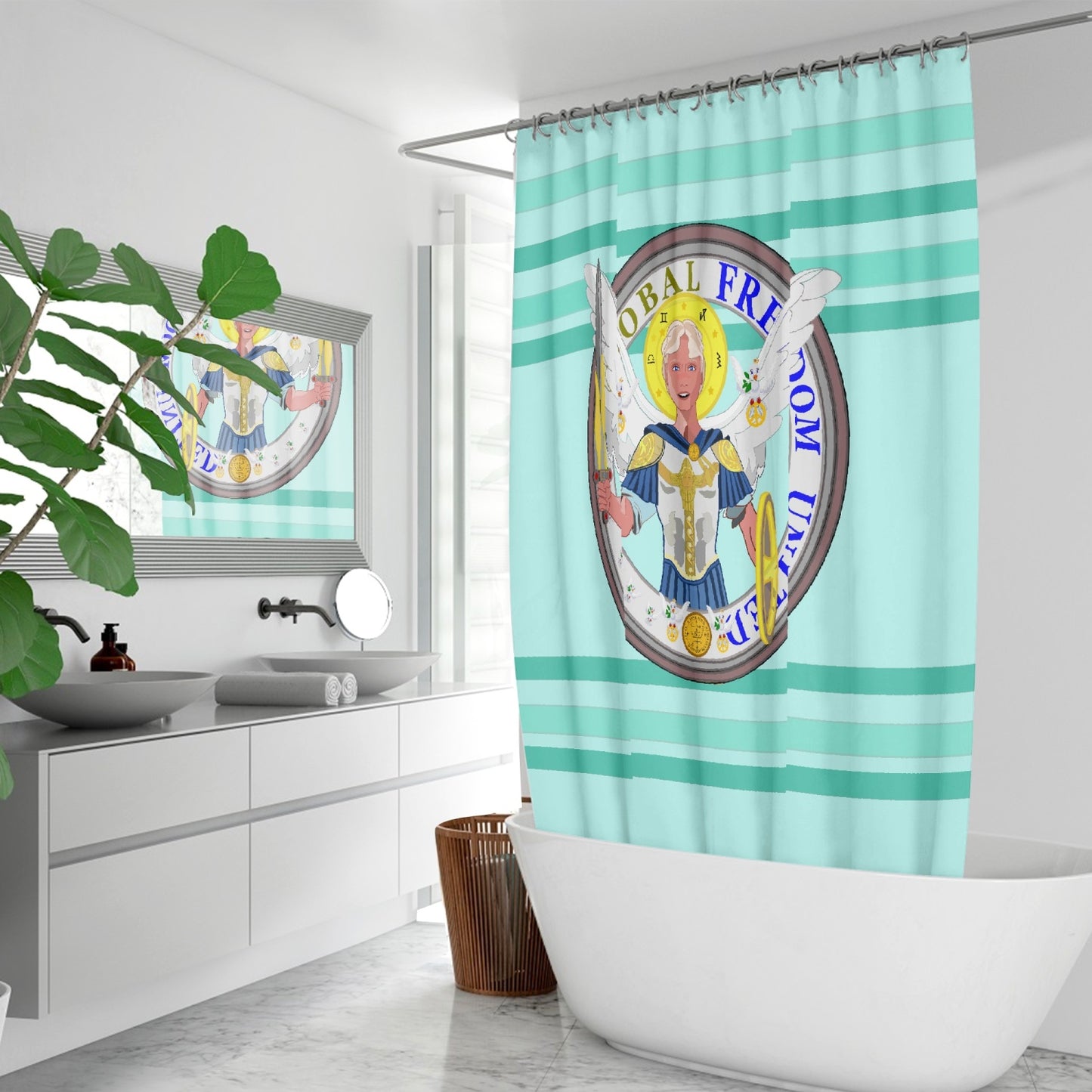 Quick-drying Shower Curtain GLOBAL FREEDOM UNITED© Archangel Michael Version 1 Light Green