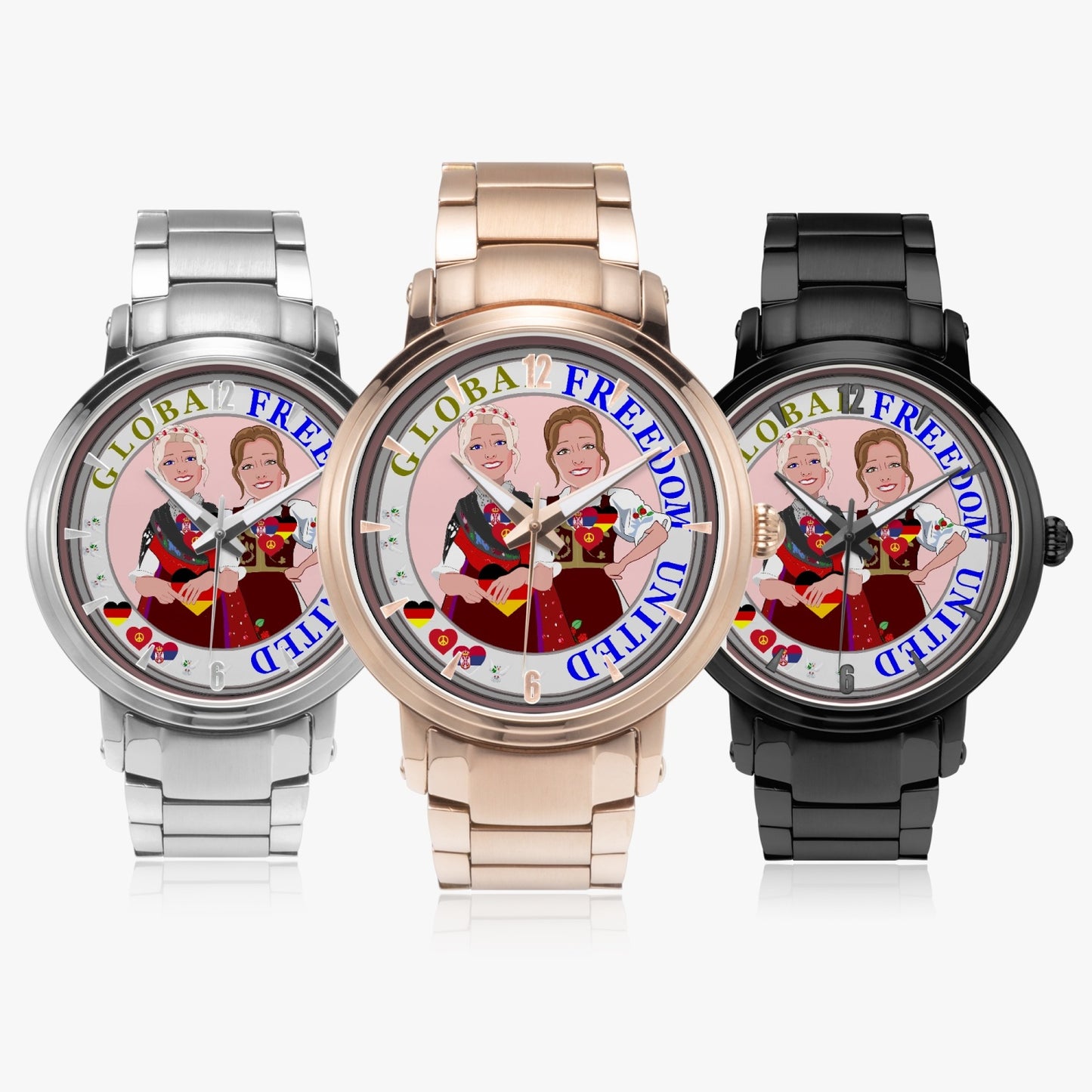 New Steel Strap Automatic Watch (With Indicators) GLOBAL FREEDOM UNITED© Women Serbia & Germany BROWN HAIR