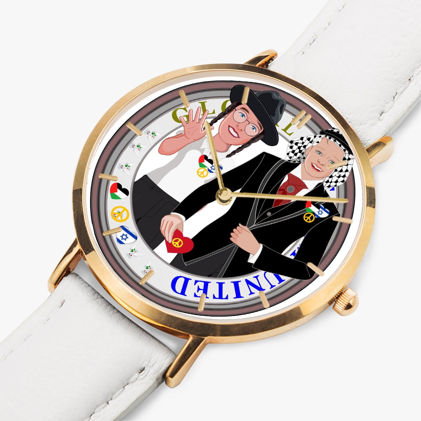 GLOBAL FREEDOM UNITED© Hot Selling Ultra-Thin Leather Strap Quartz Watch (Rose Gold With Indicators) Men Israel & Palestina