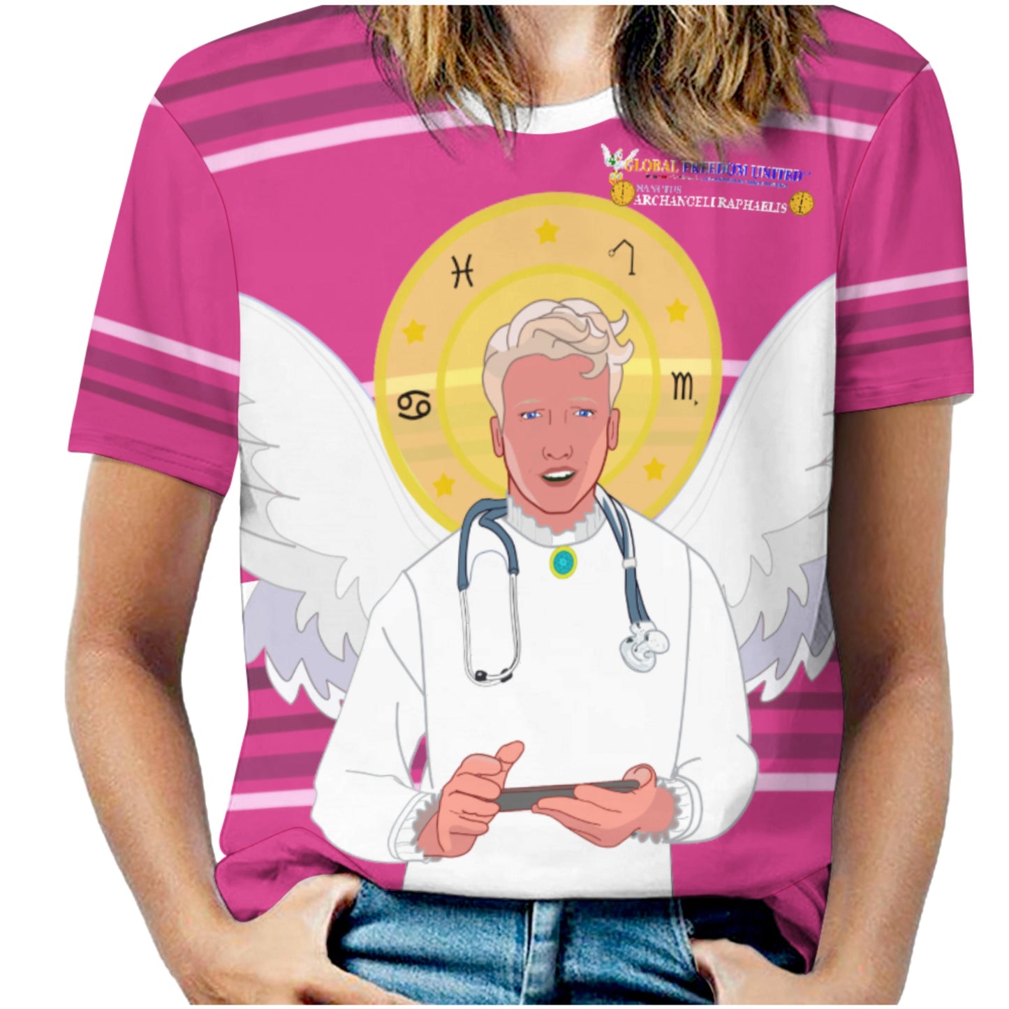 Women´s T-shirt GLOBAL FREEDOM UNITED© Archangel Rafael Old Latin Pink2