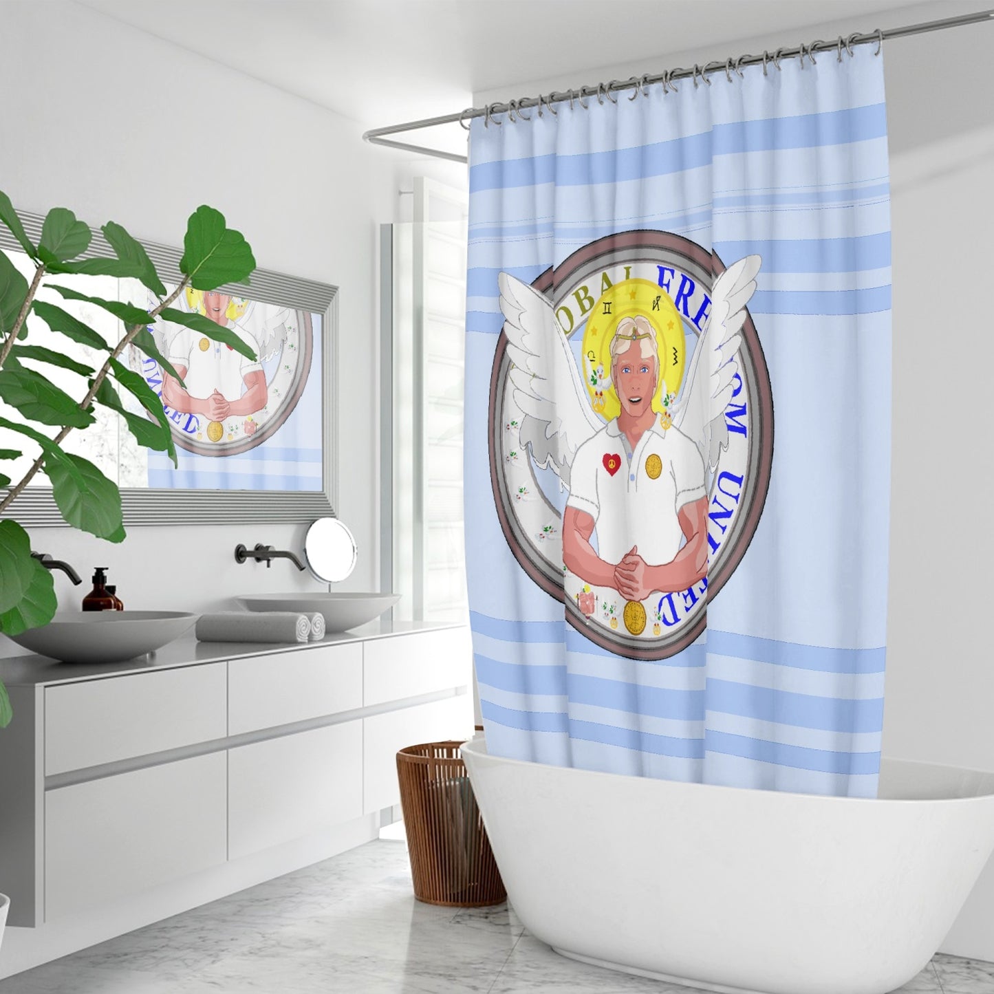 Quick-drying Shower Curtain GLOBAL FREEDOM UNITED© Archangel Michael Version 2 Light Blue