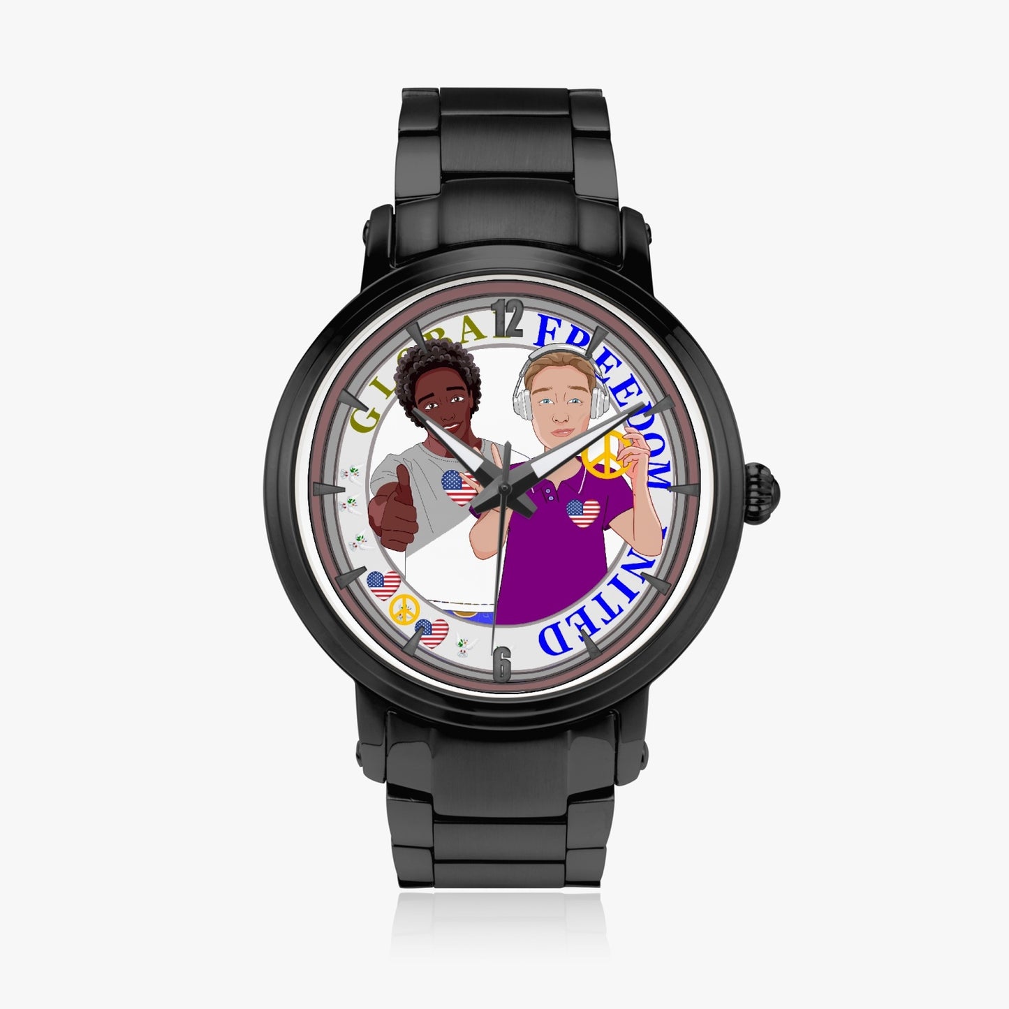 GLOBAL FREEDOM UNITED© New Steel Strap Automatic Watch (With Indicators) Men ANTI FASCISM & RACISM USA