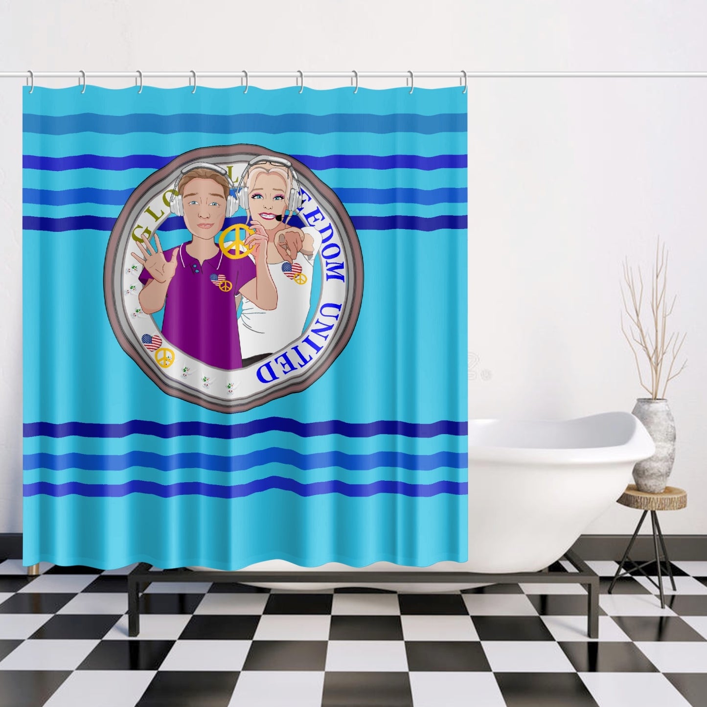 Quick-drying Shower  Curtain GLOBAL FREEDOM UNITED© Couple USA Wight American Deep Blue