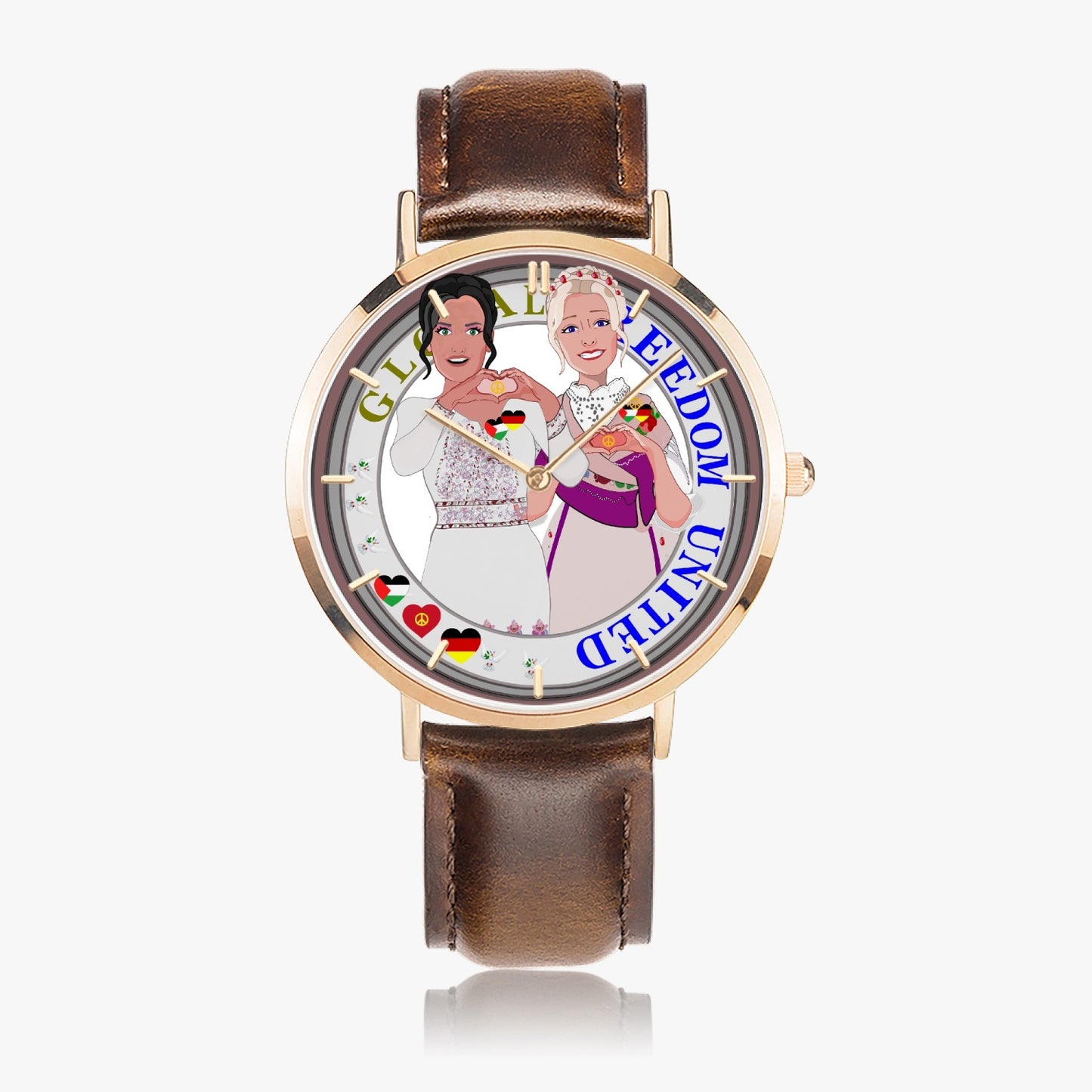 GLOBAL FREEDOM UNITED© Hot Selling Ultra-Thin Leather Strap Quartz Watch (Rose Gold With Indicators) Women Palestina & Germany