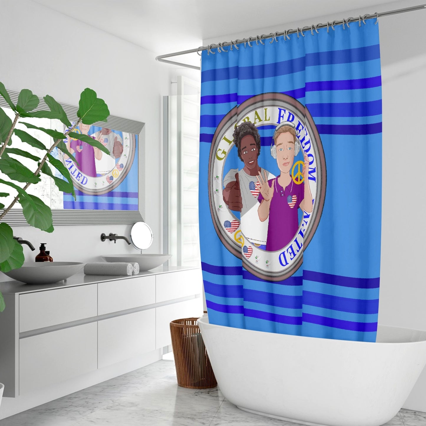 Quick-drying Shower Curtain GLOBAL FREEDOM UNITED© Men Anti Fascism & Racism USA Deep Blue