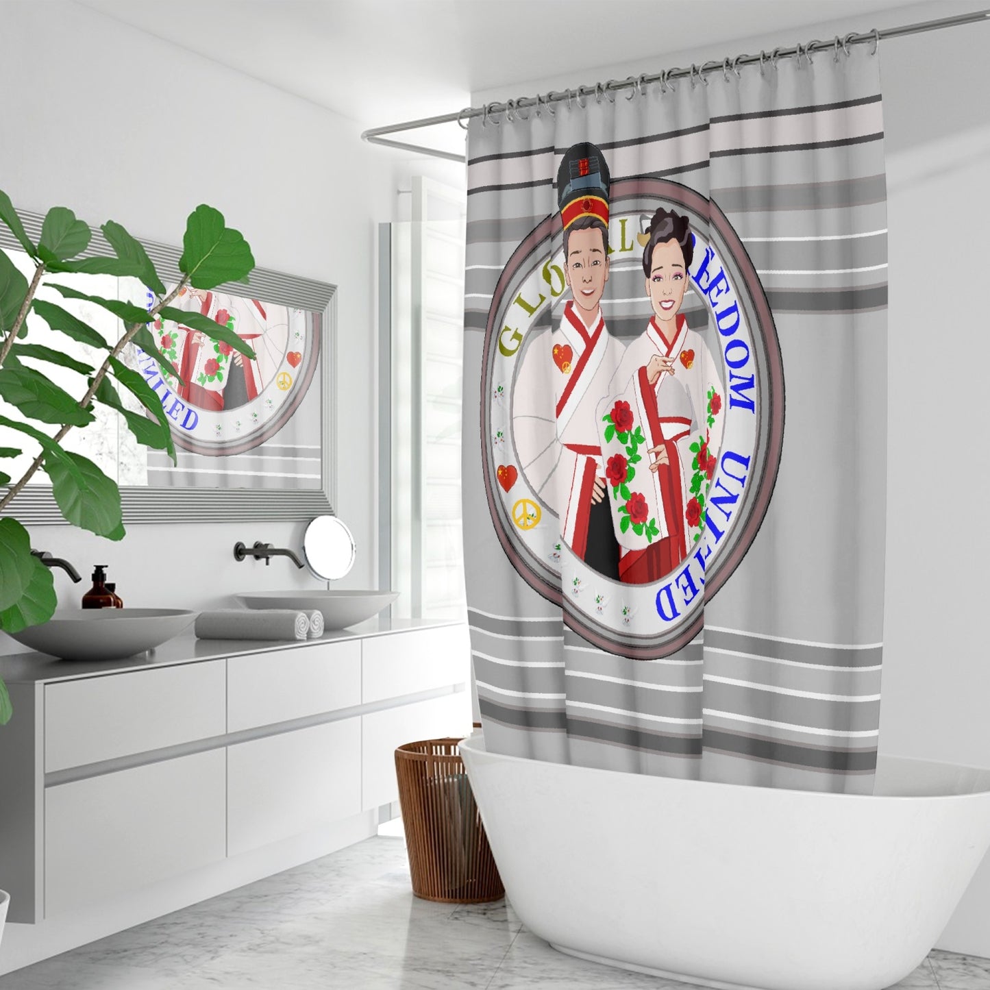 GLOBAL FREEDOM UNITED© Couple China Grey - Quick-drying Shower Curtain