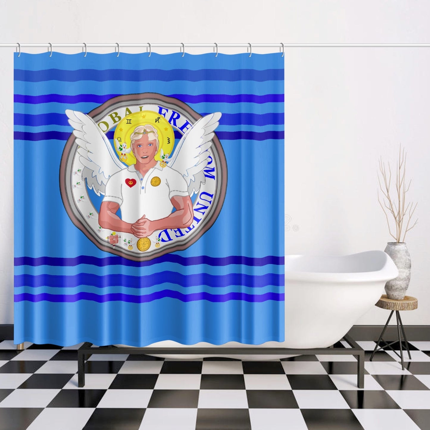 Quick-drying Shower Curtain GLOBAL FREEDOM UNITED© Archangel Michael Version 2 Deep Blue