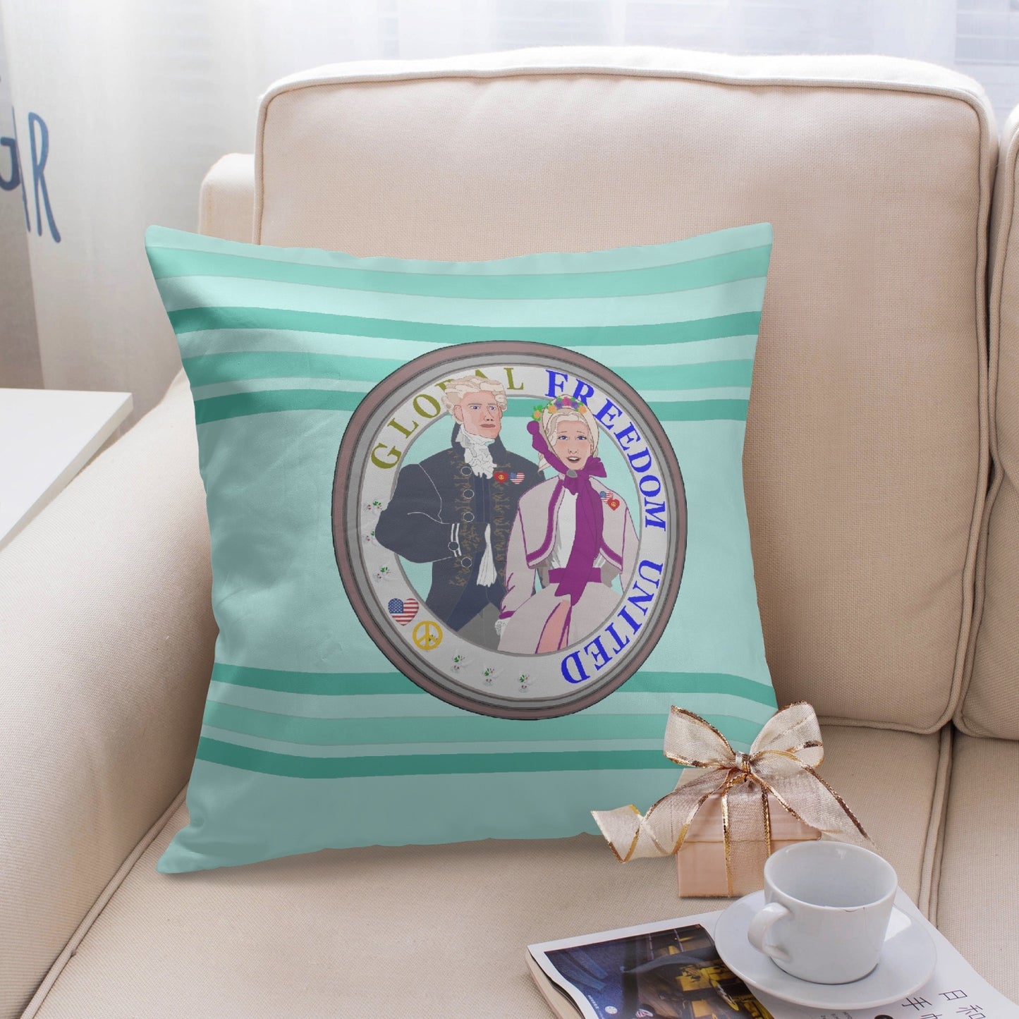 GLOBAL FREEDOM UNITED© Couple USA Georg Washington Light Green - Square Pillow Cover