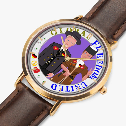 GLOBAL FREEDOM UNITED© Hot Selling Ultra-Thin Leather Strap Quartz Watch (Rose Gold With Indicators) Men Germany & Turkey