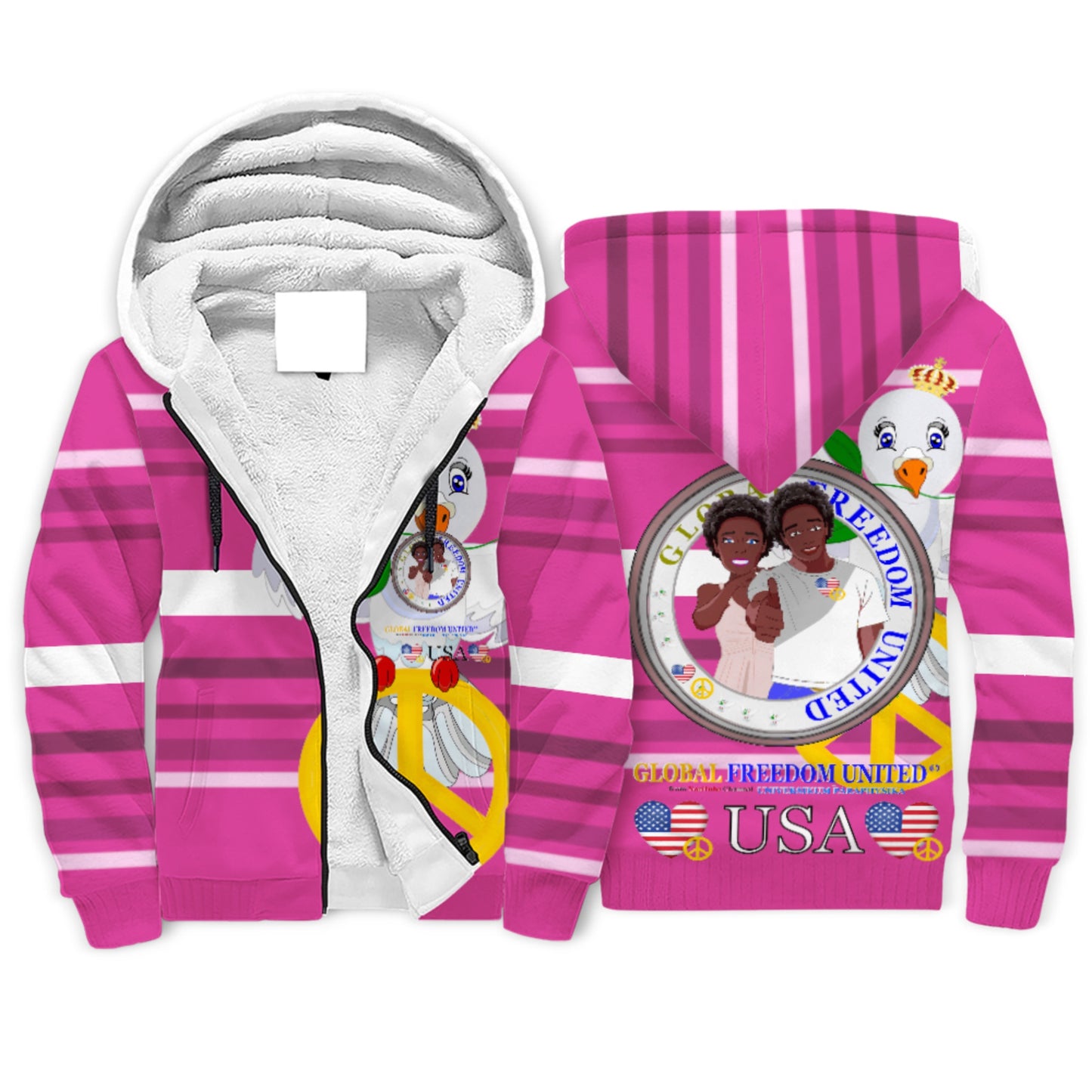 Plush Hoodie GLOBAL FREEDOM UNITED© Couple USA Afro American Pink