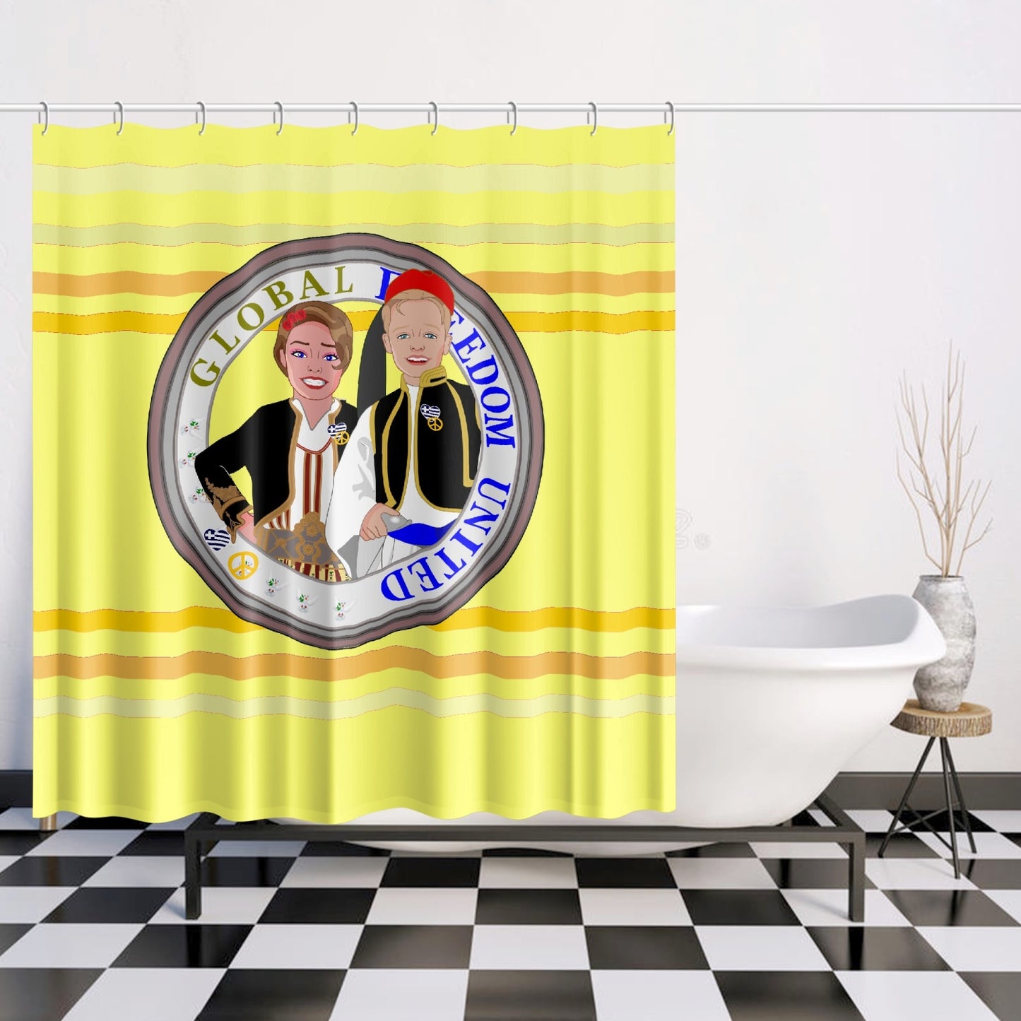 GLOBAL FREEDOM UNITED© Couple Greece yellow Quick-drying Shower Curtain