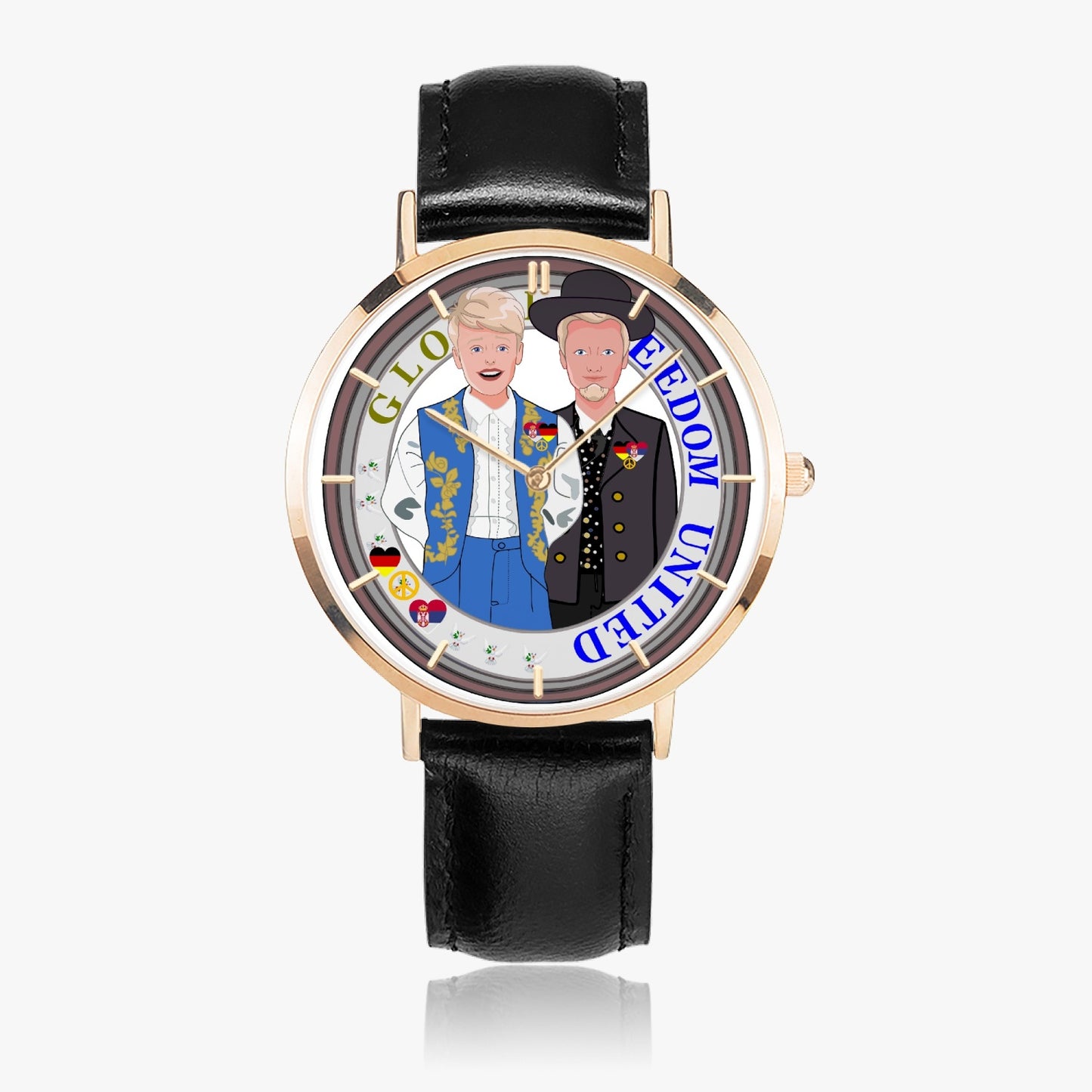 GLOBAL FREEDOM UNITED© Men Serbia & Germany V2 Hot Selling Ultra-Thin Leather Strap Quartz Watch (Rose Gold With Indicators)