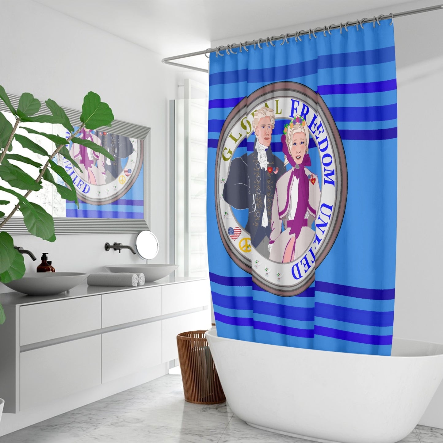GLOBAL FREEDOM UNITED© Couple USA Georg Washington Deep Blue - Quick-drying Shower Curtain