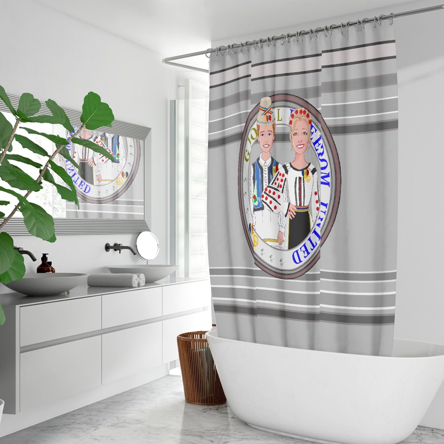 GLOBAL FREEDOM UNITED© Couple Romania Grey - Quick-drying Shower Curtain
