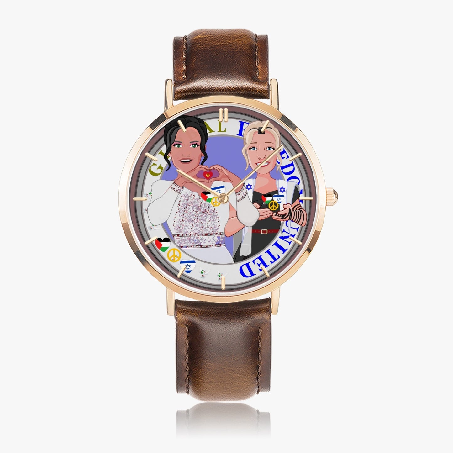GLOBAL FREEDOM UNITED© Hot Selling Ultra-Thin Leather Strap Quartz Watch (Rose Gold With Indicators) Women Palestina & Israel