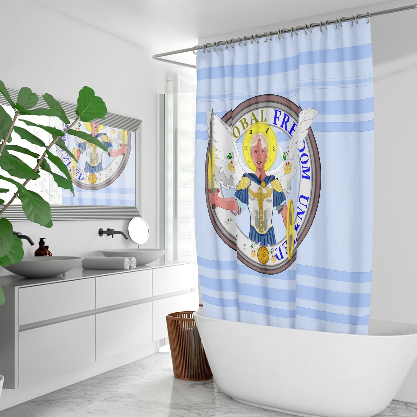 Quick-drying Shower Curtain GLOBAL FREEDOM UNITED© Archangel Michael Version 1 Light Blue