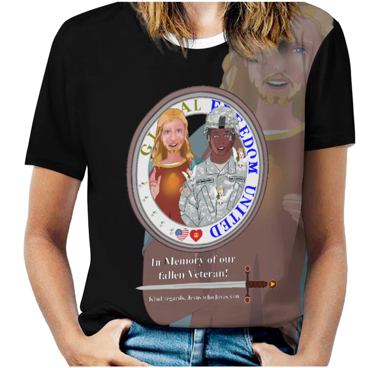 Women´s T-Shirt Black GLOBAL FREEDOM UNITED© Jesus Christ For Fallen Veteran Afro American Soldiers V3