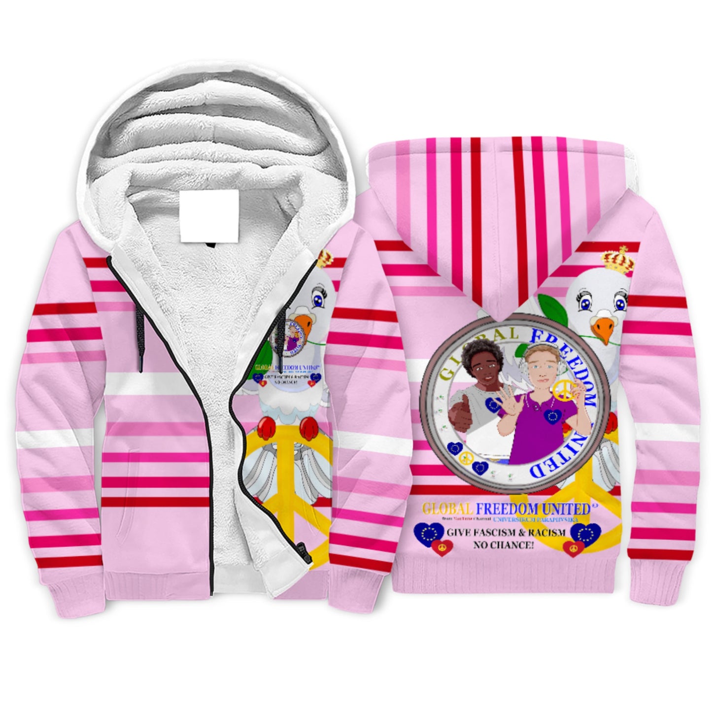 Plush Hoodie GLOBAL FREEDOM UNITED© Men Anti Racism & Fascism Pink1