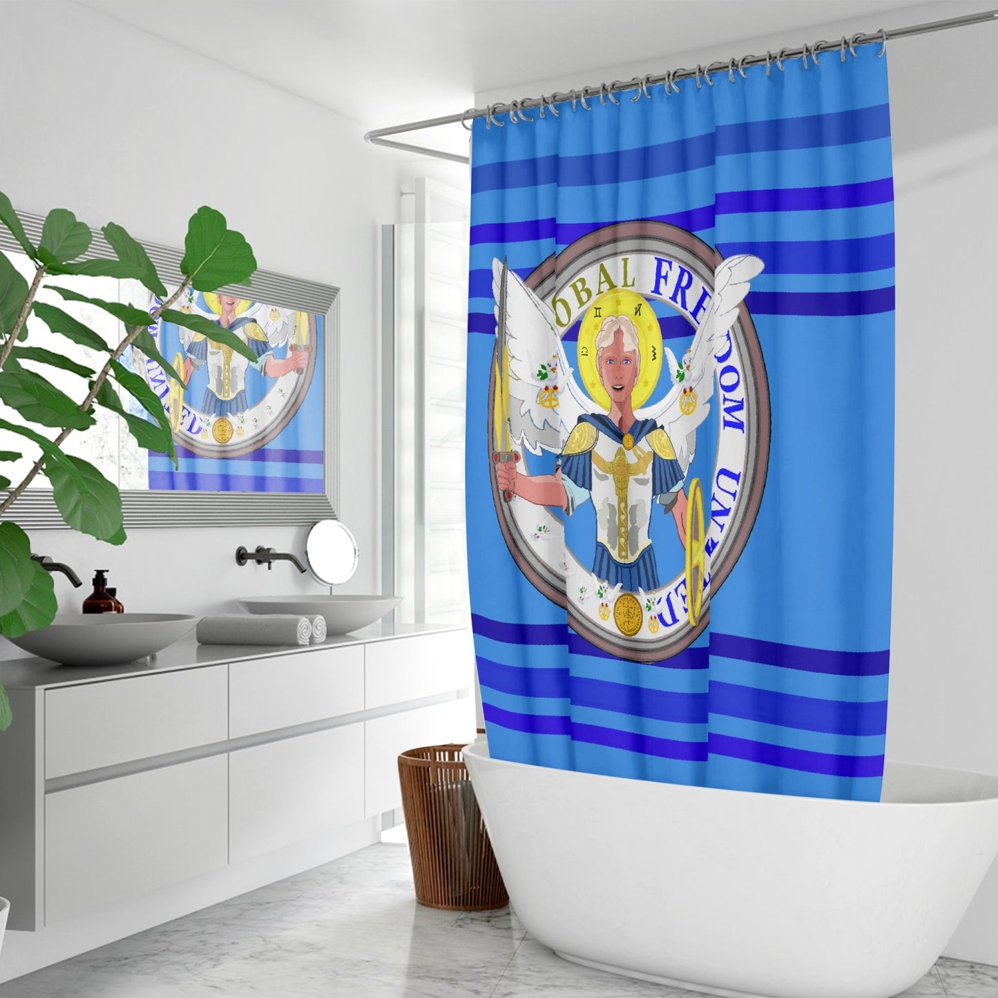 Quick-drying Shower Curtain GLOBAL FREEDOM UNITED© Archangel Michael Version 1 Deep Blue