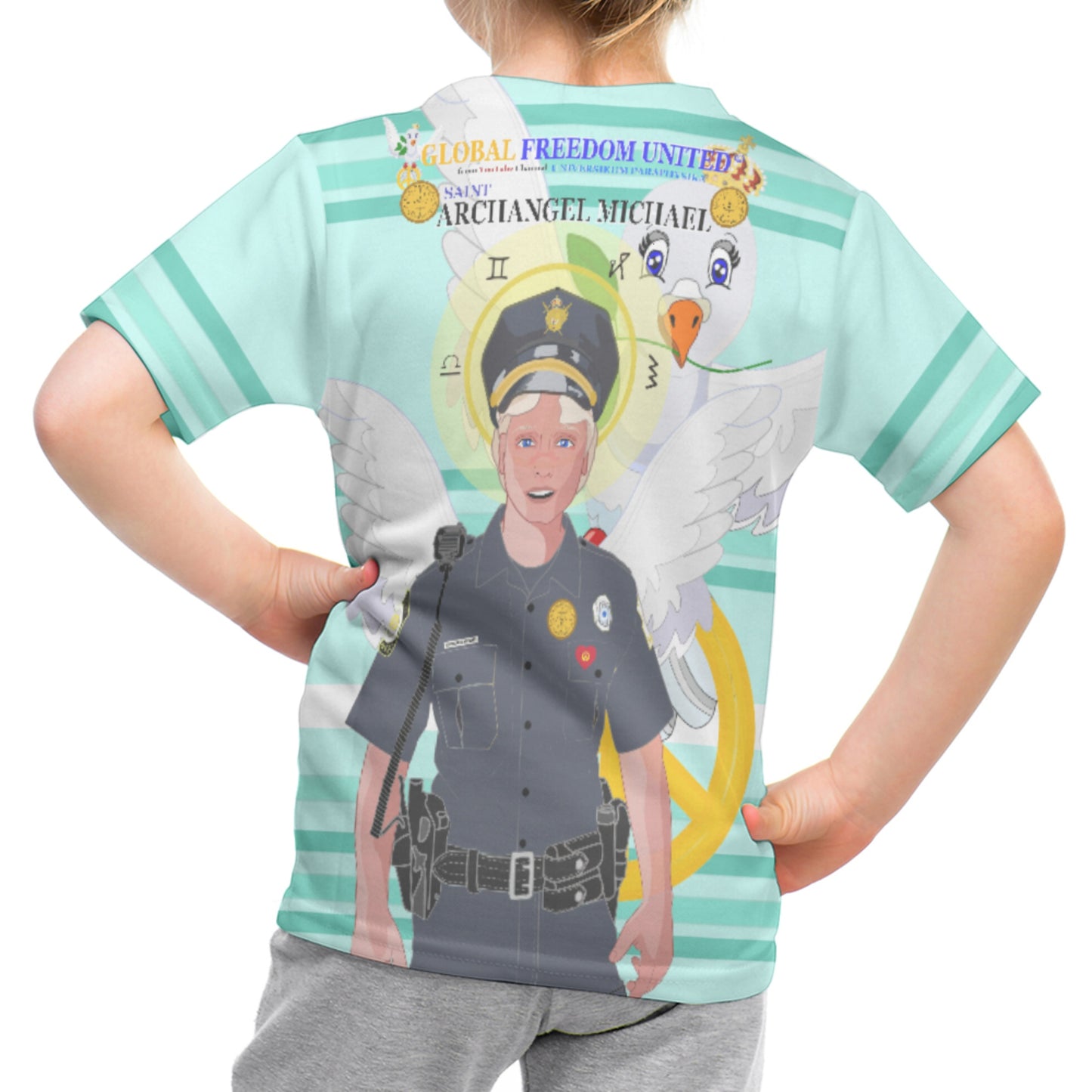 Childrens T-shirt GLOBAL FREEDOM UNITED© Archangel Michael As Policemen Light Green