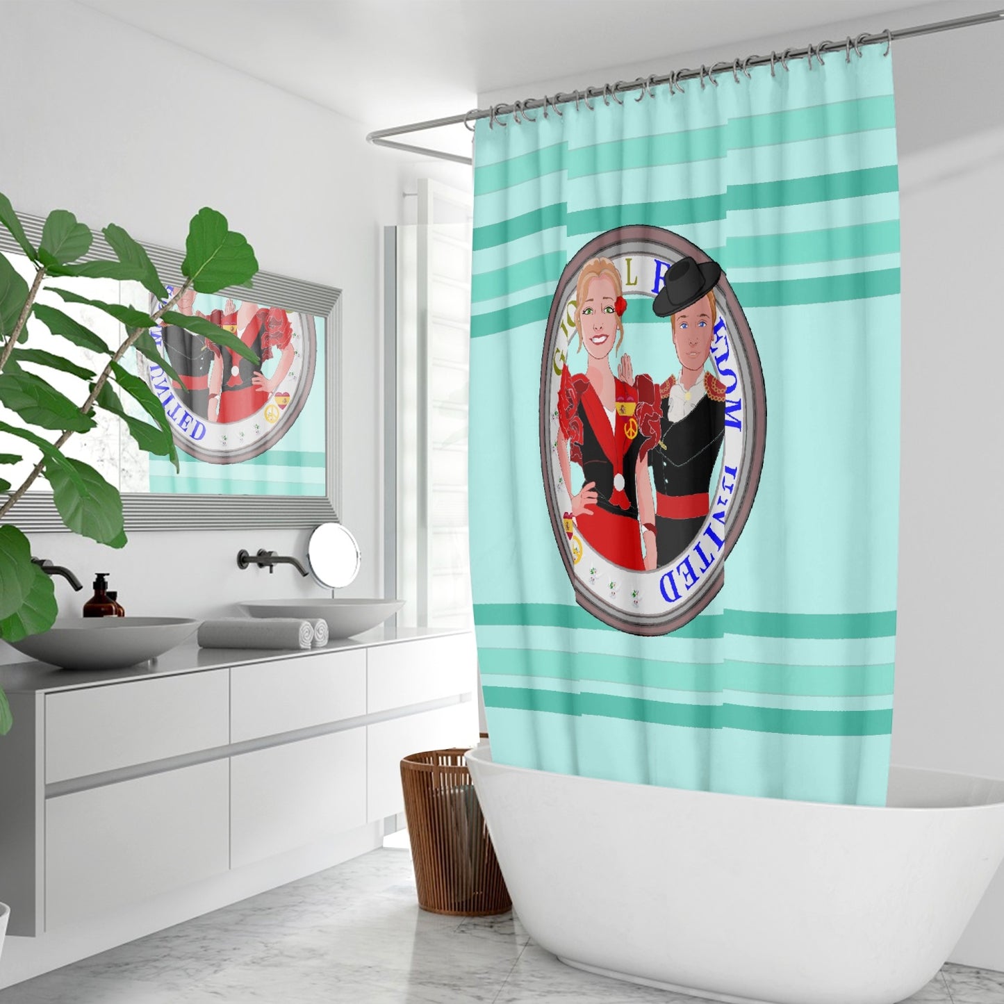 GLOBAL FREEDOM UNITED© Couple Spain Light GreenQuick-drying Shower Curtain