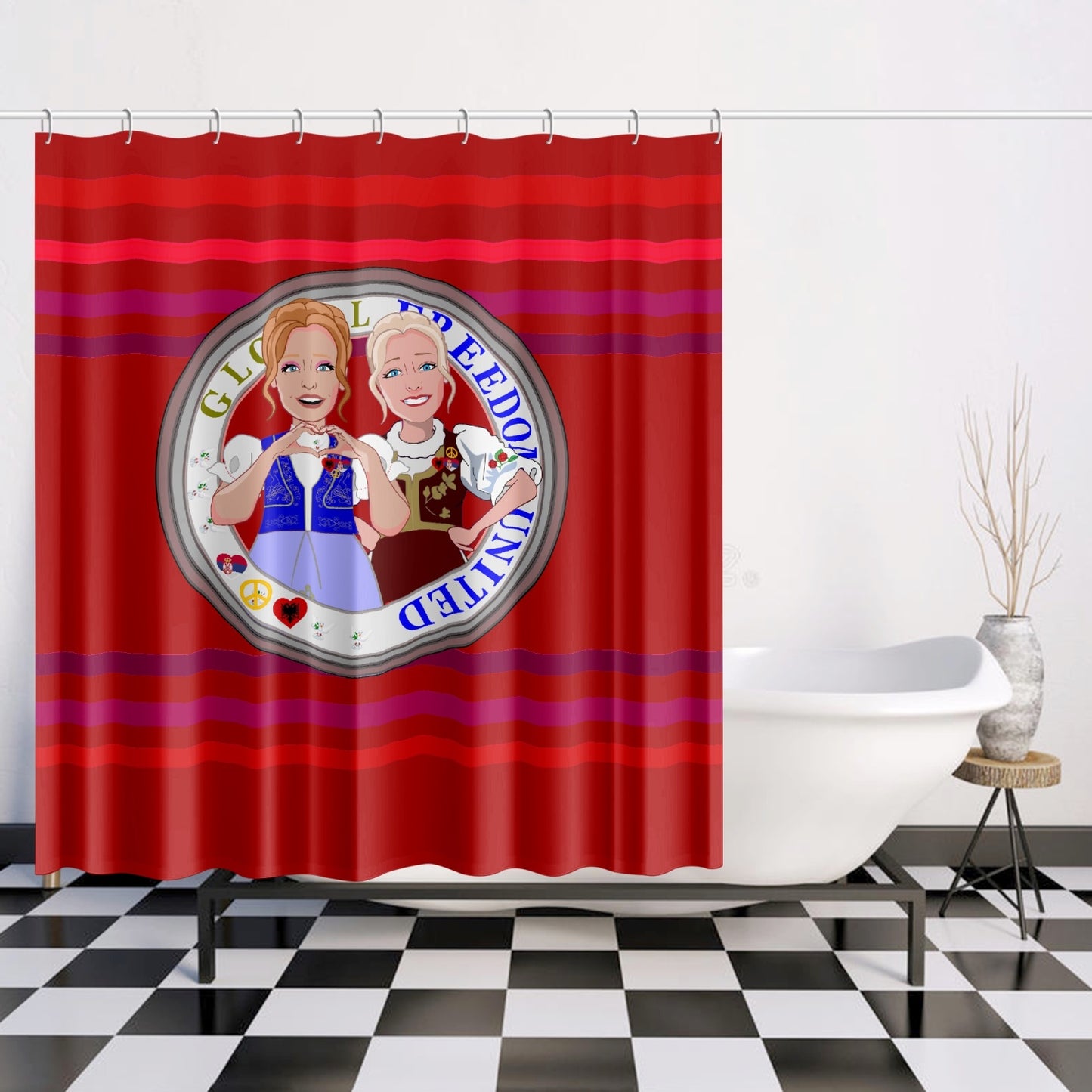 Quick-drying Shower Curtain GLOBAL FREEDOM UNITED© Women Albania & Serbia Red